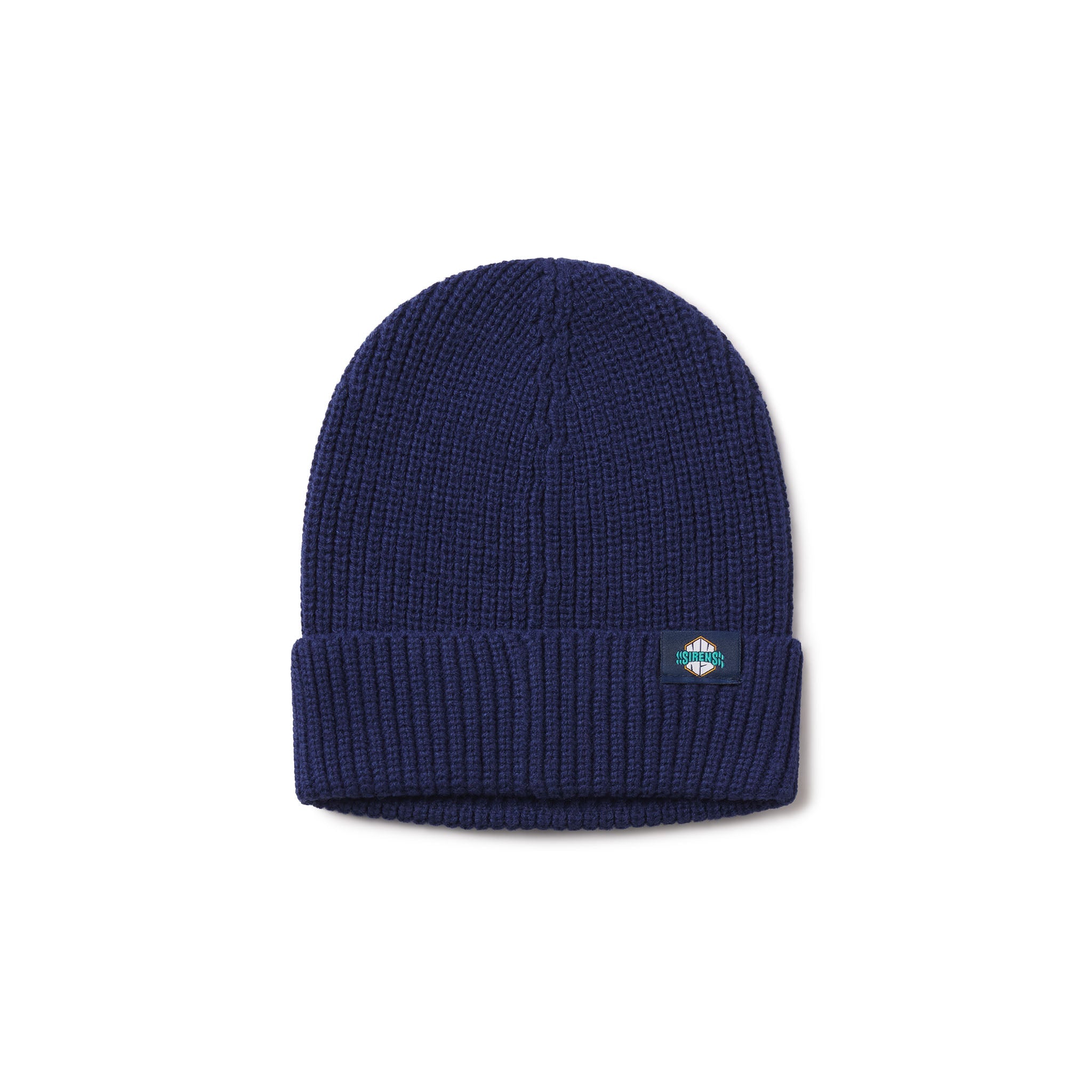 Navy blue beanie with a brand logo on a white background