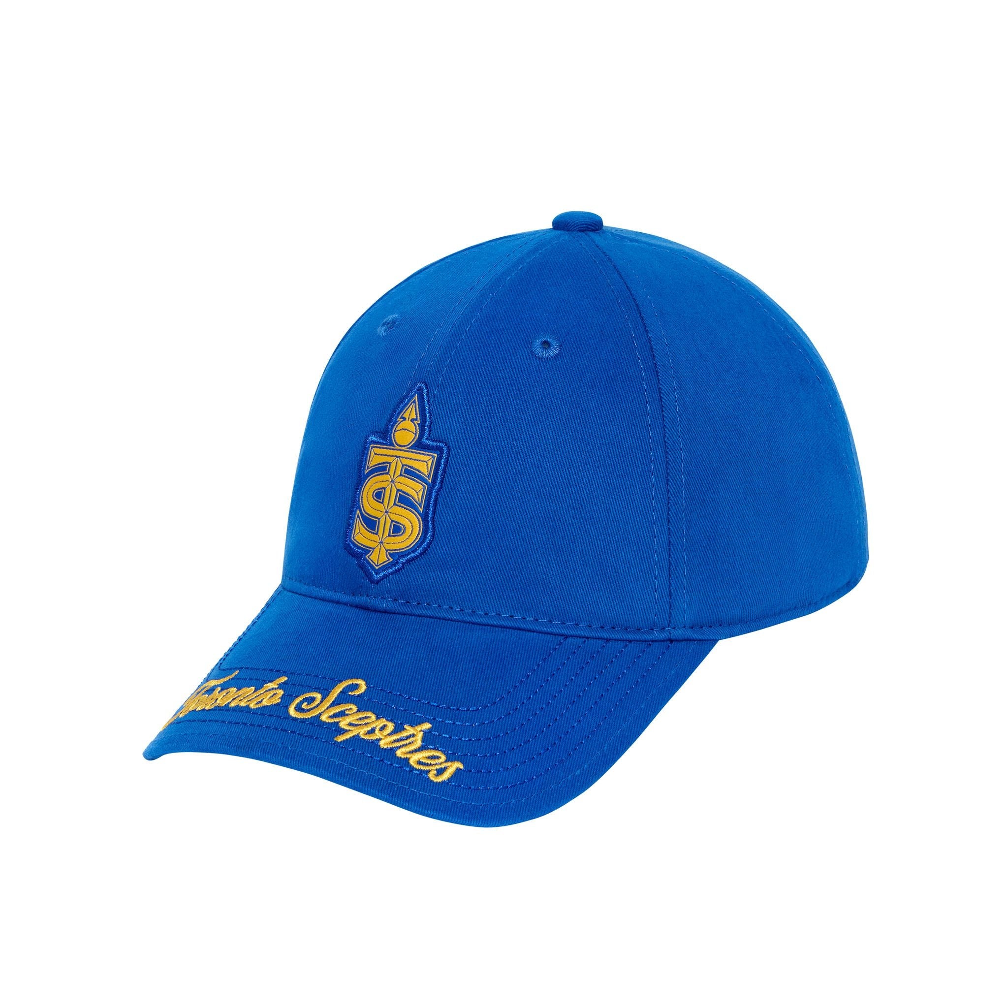 Blue cap with yellow logo and text on a white background