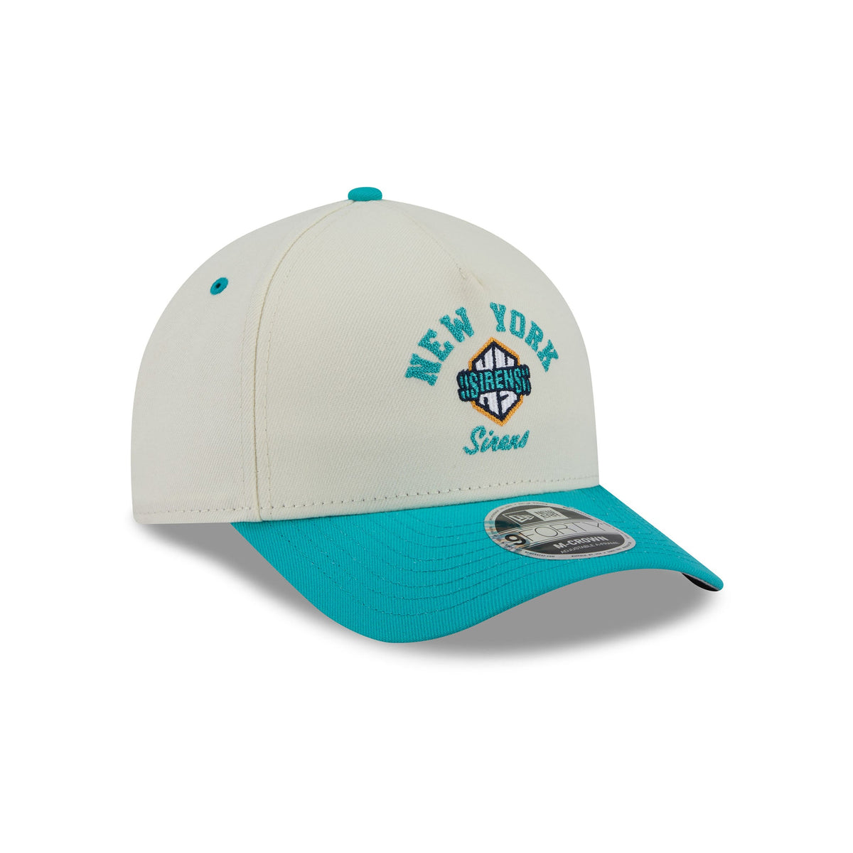 A New York Knicks Street brand baseball cap with an off-white crown and a bright teal curved brim, featuring embroidered team logos on the front.