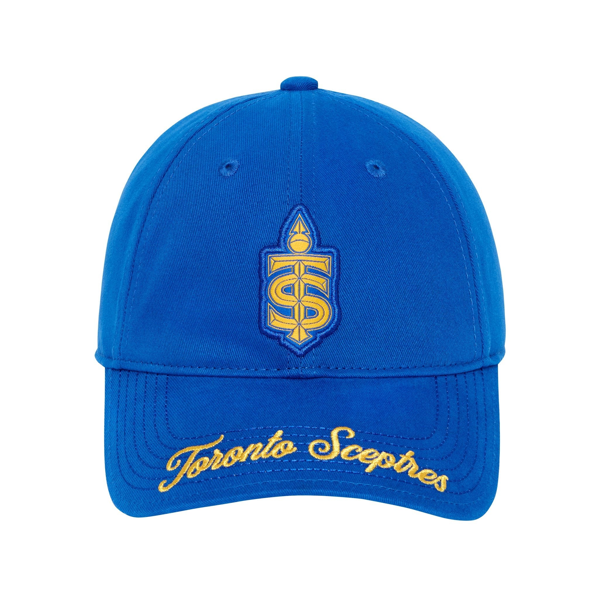 Blue cap with yellow logo and text on a white background