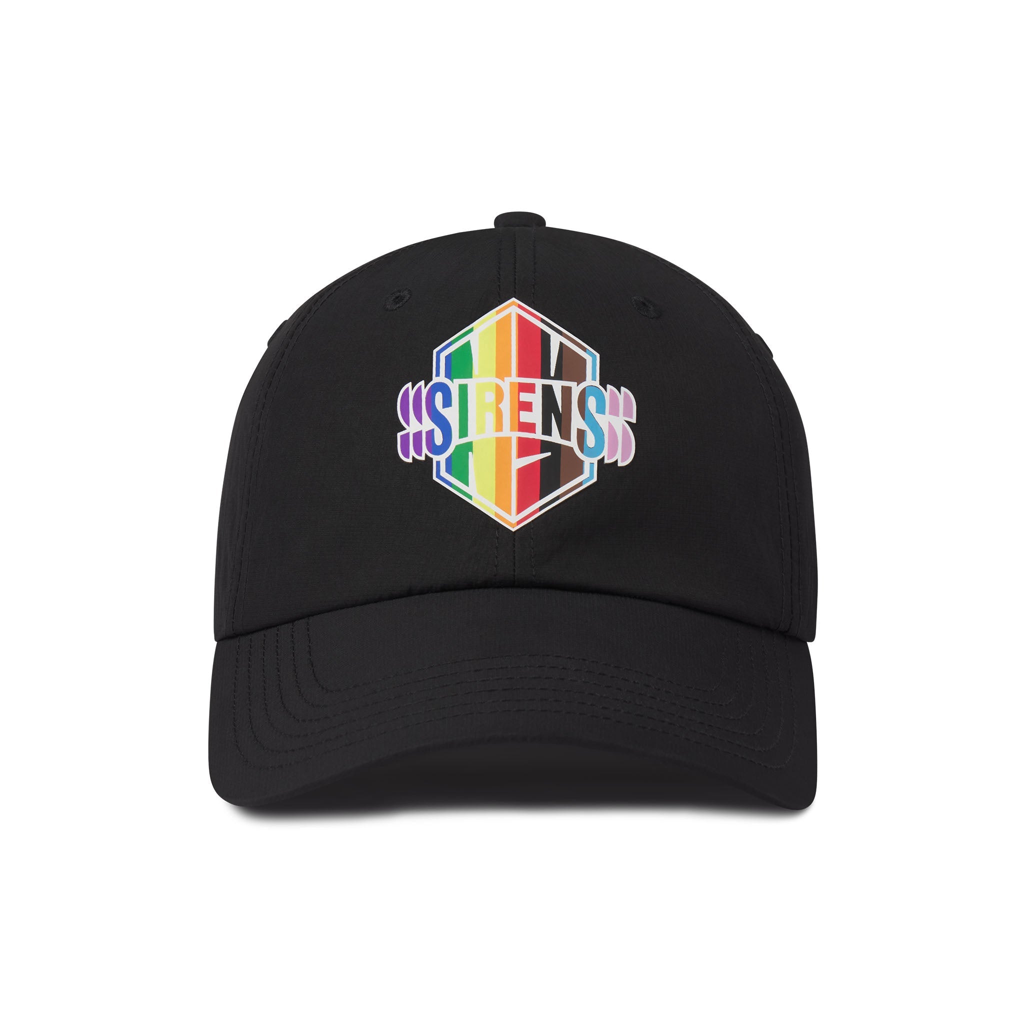 Black cap with colorful logo on a white background