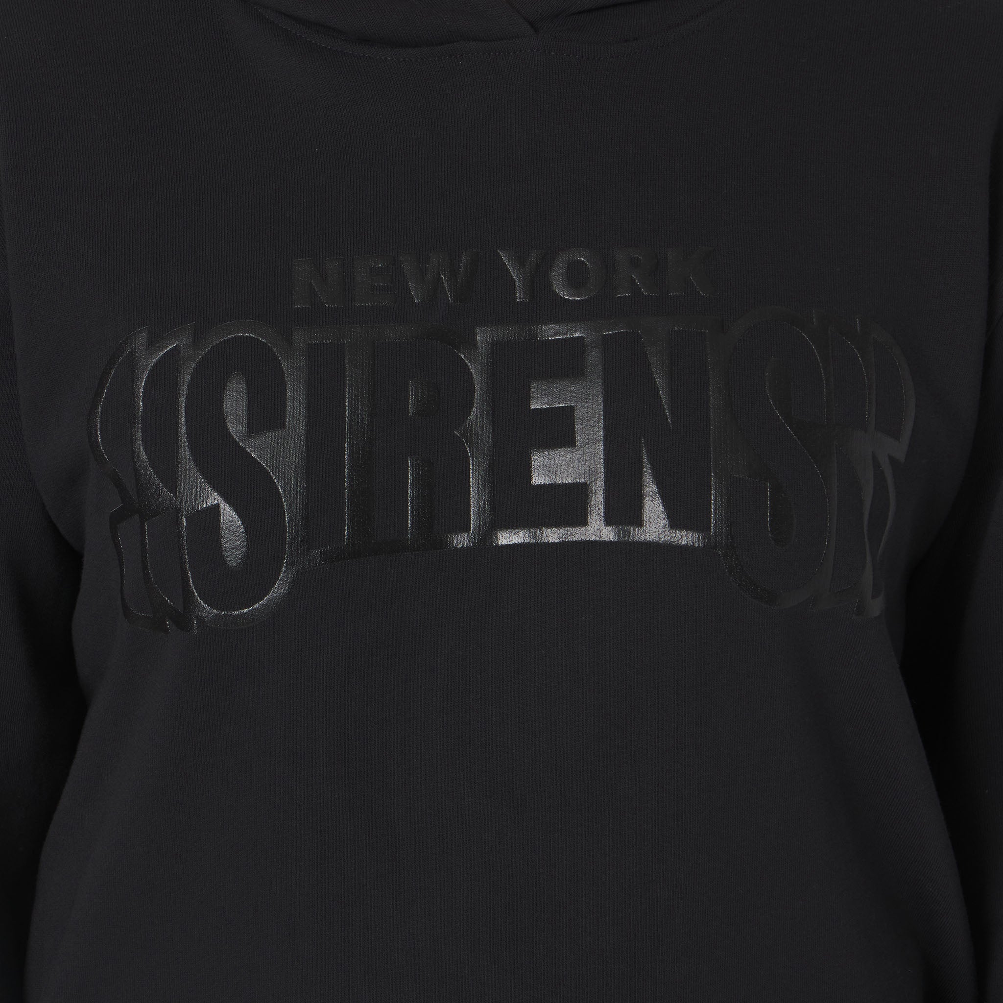 Black hoodie with 'New York Sirens' text on a dark background