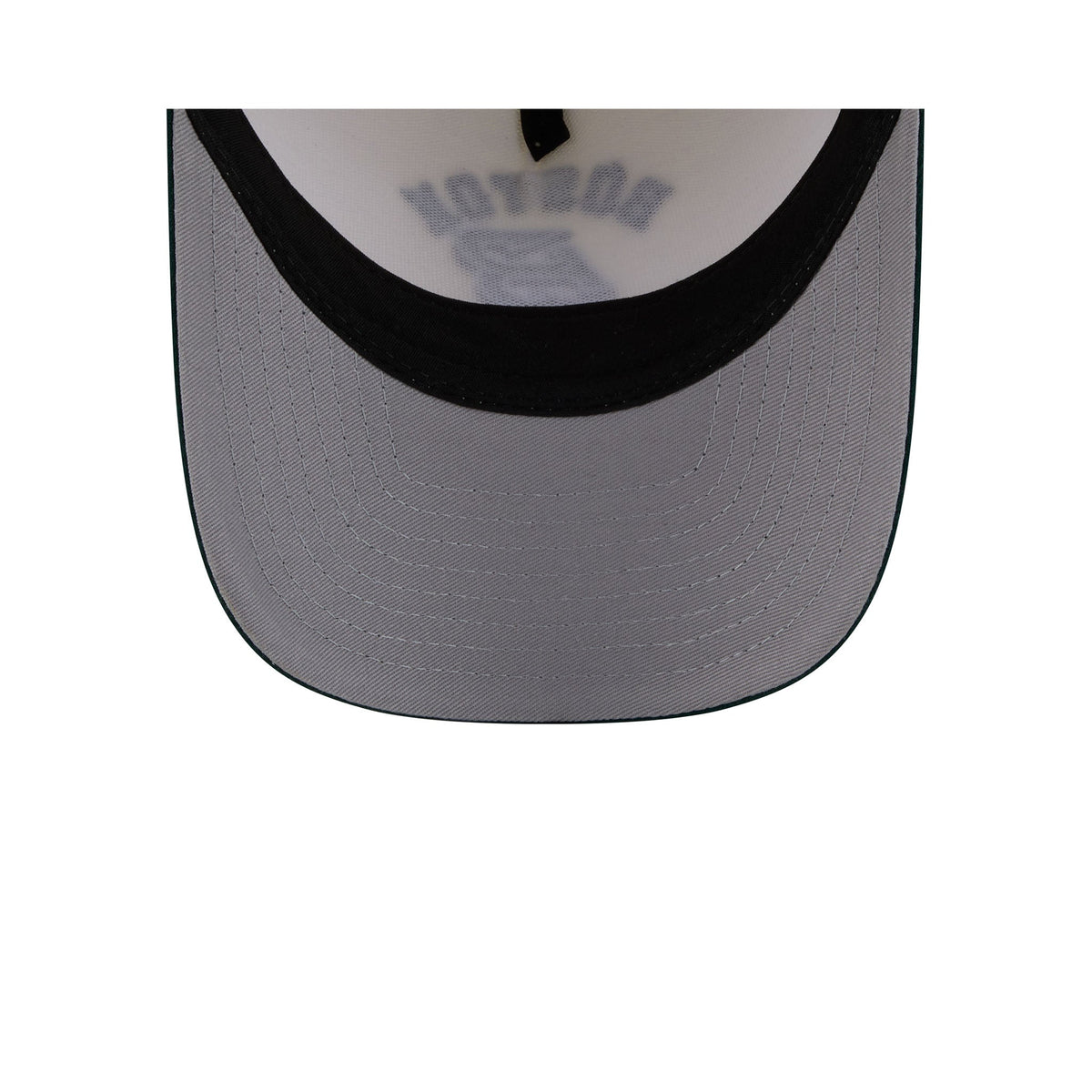 Close-up of the front of a baseball cap showing a white crown with black brim and black embroidered lettering that reads 'BOSTON'.