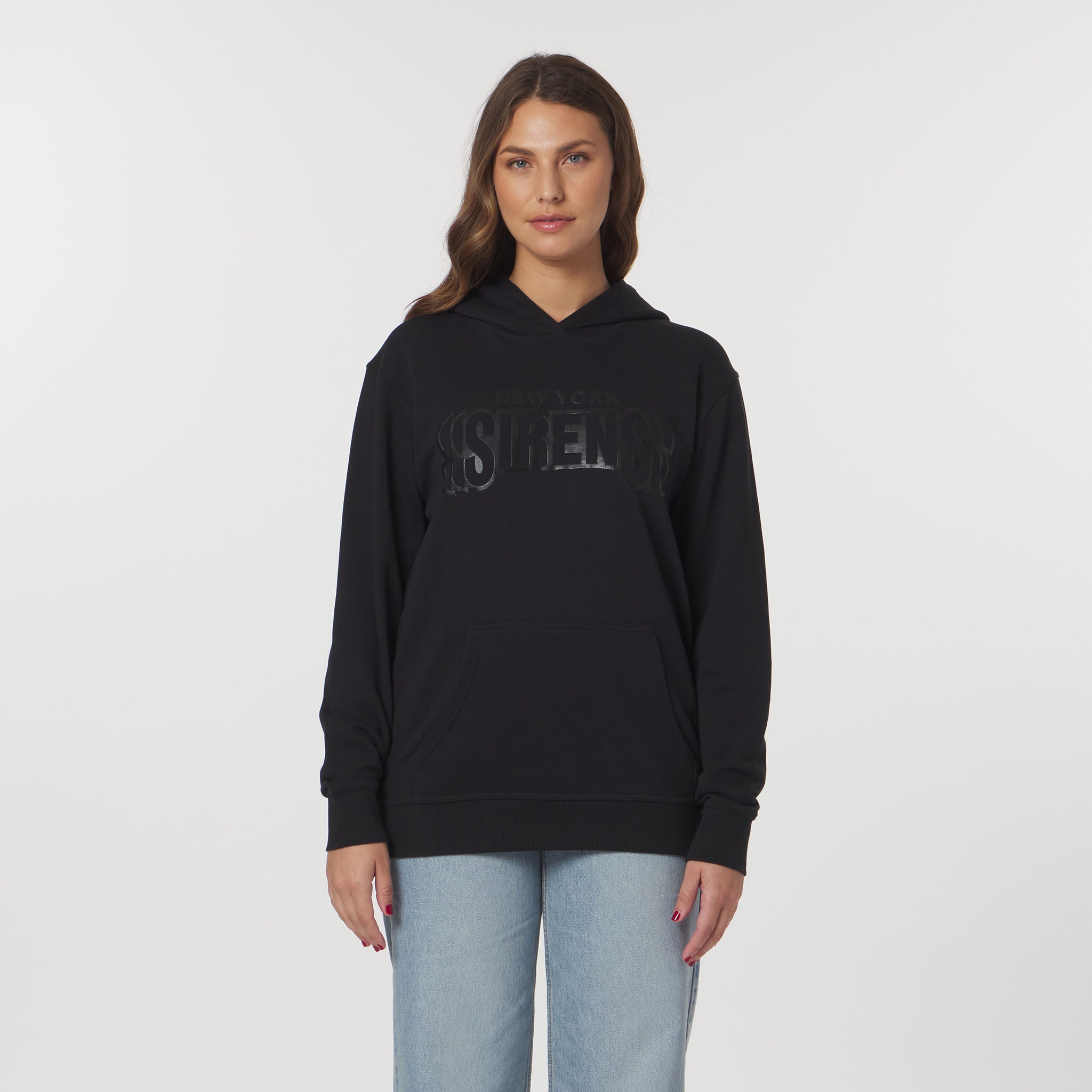 Person wearing a black hoodie with a brand logo on a white background