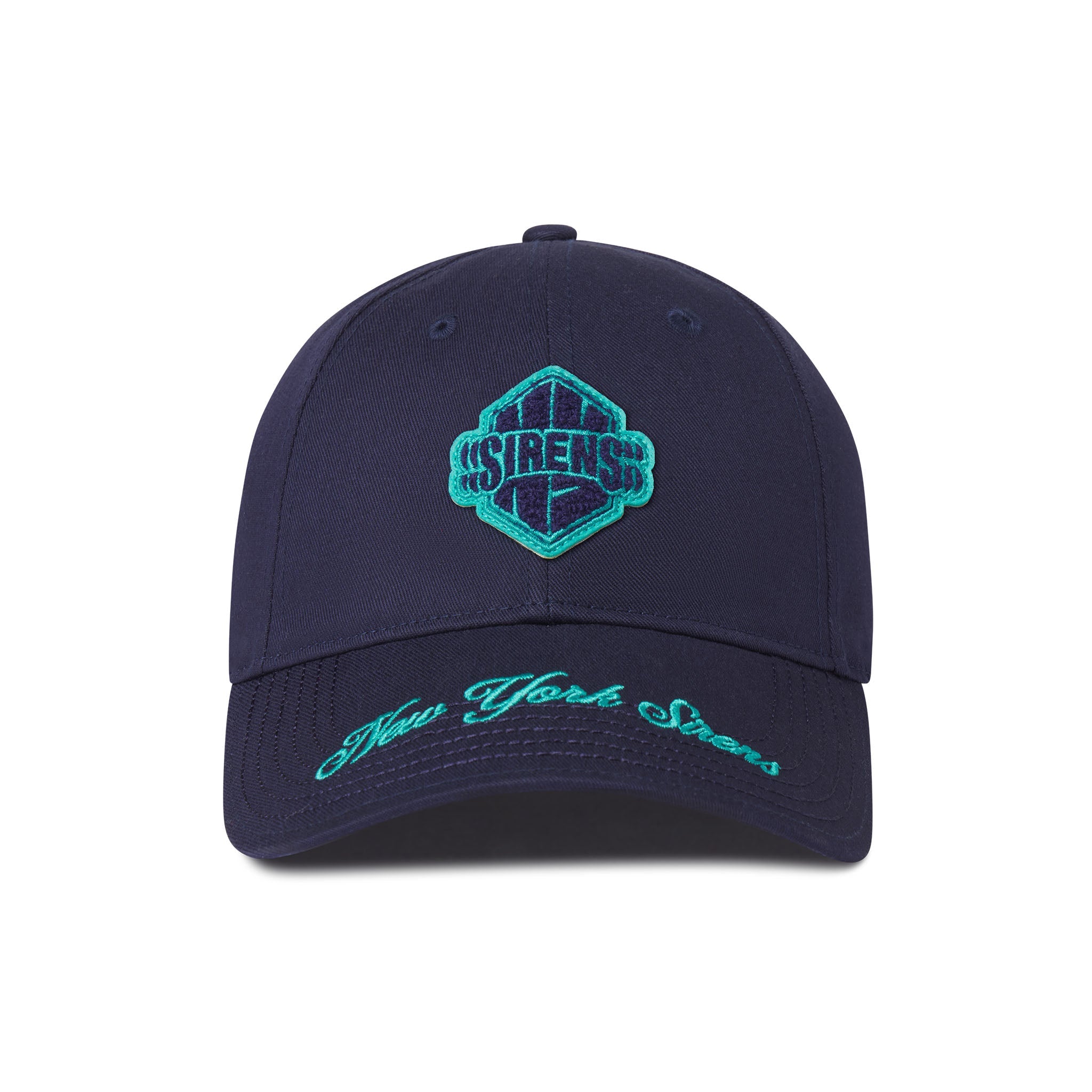 Navy blue cap with teal logo and text on a white background