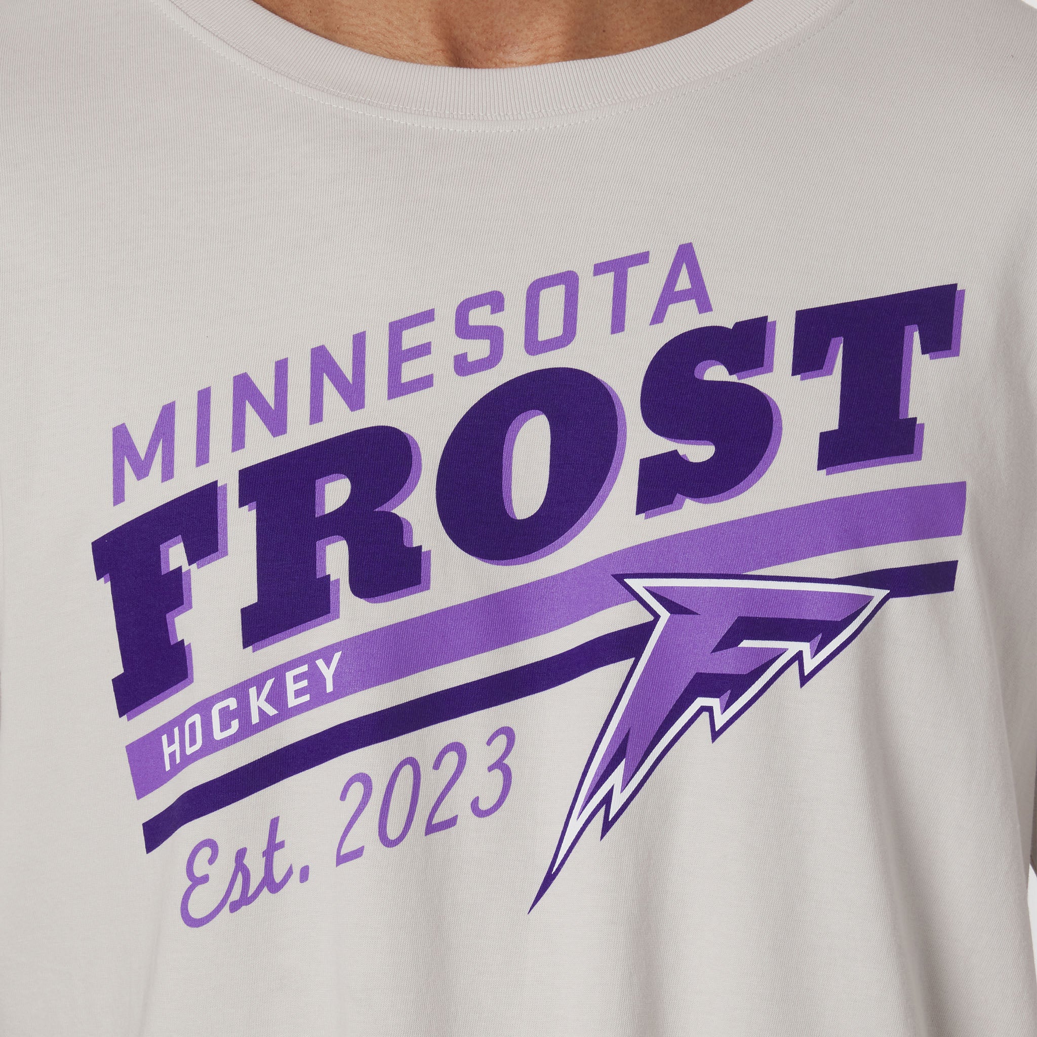 Gray t-shirt with 'Minnesota Frost Hockey Est. 2023' text and logo on a white background