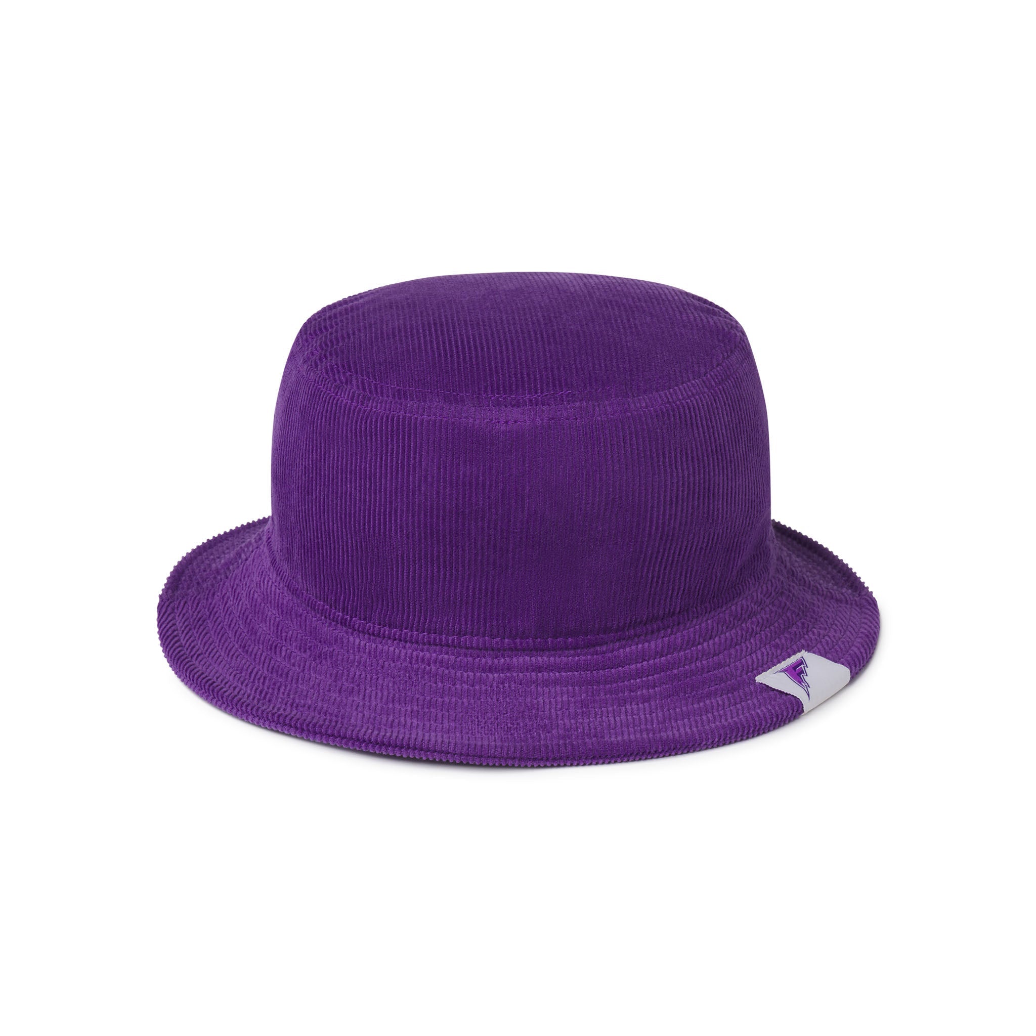 Purple bucket hat with a logo on a white background