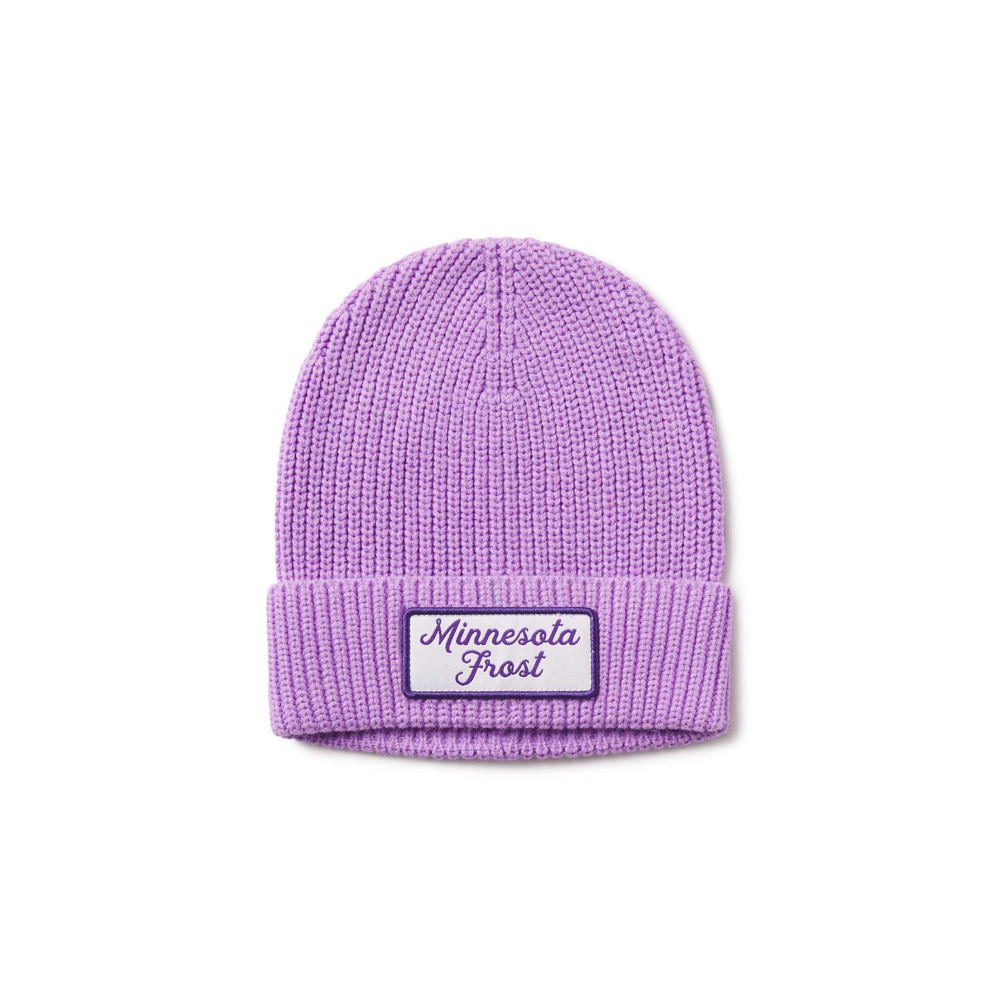 Purple knit beanie with 'Minnesota Frost' label on a white background