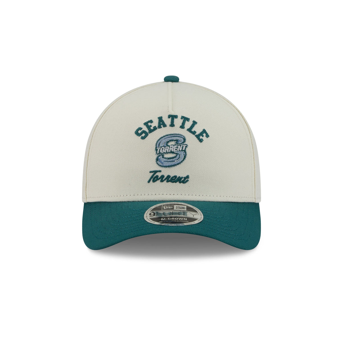 A structured baseball cap with an off-white crown and a teal visor, featuring 'SEATTLE TORRENT' embroidered on the front. A silver metal visor sticker is visible at the center of the brim.