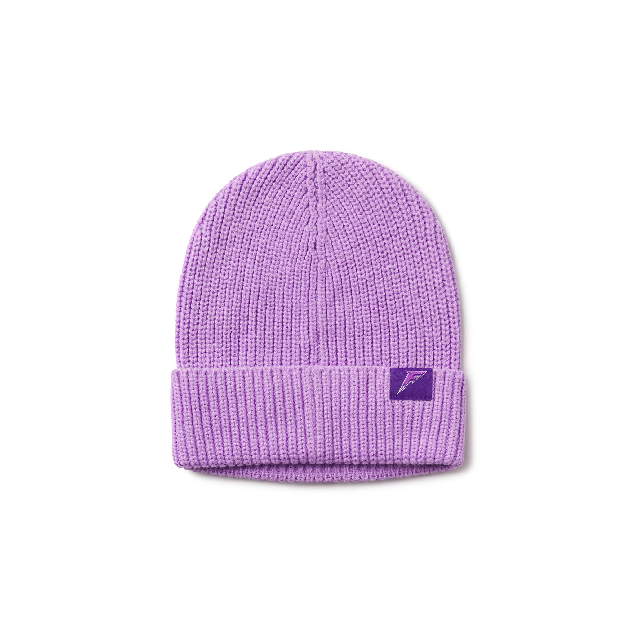 Purple knit beanie with a logo on a white background