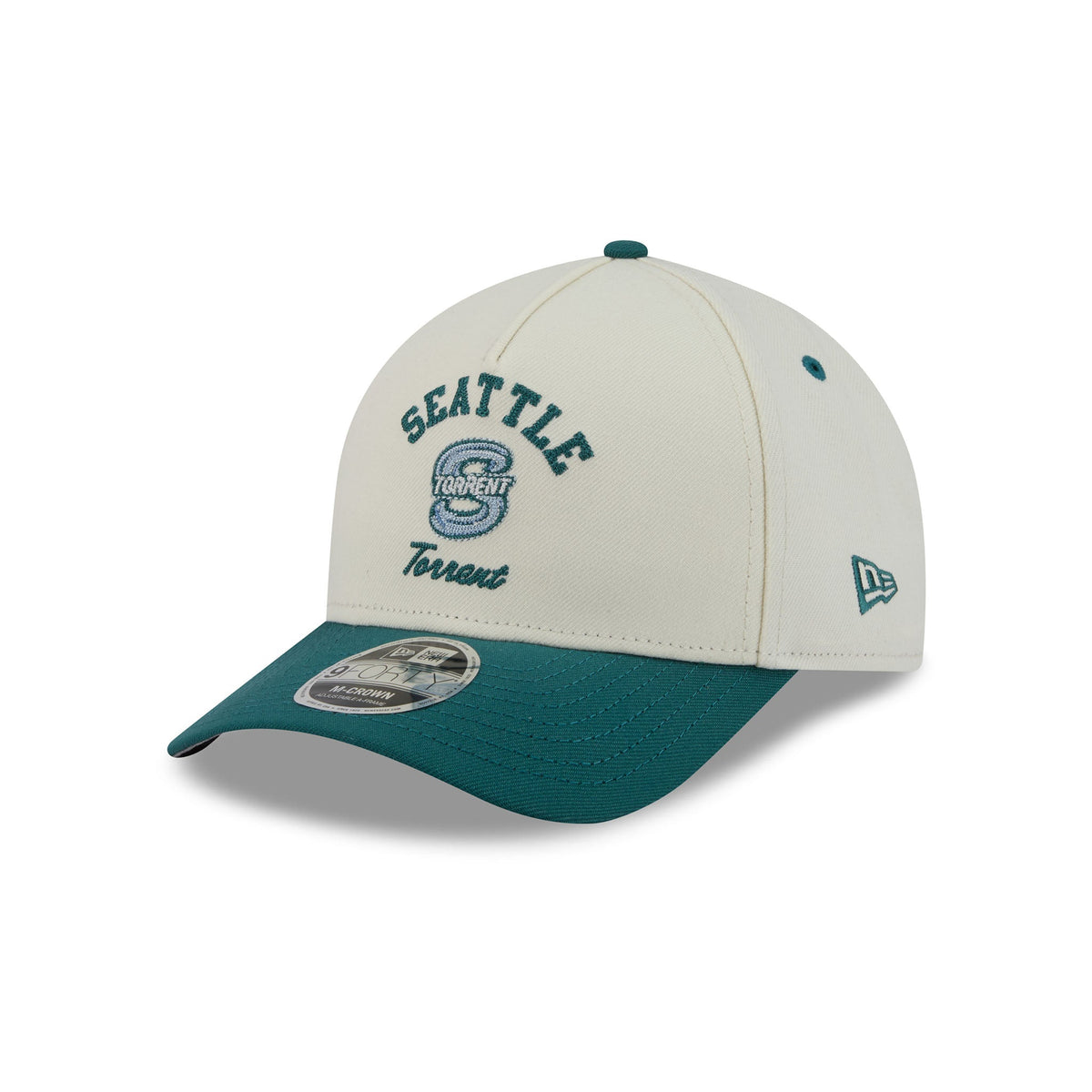 A Seattle Torontos baseball cap in off-white and teal green, featuring embroidered team logos and a New Era 9FORTY brand label on the brim.