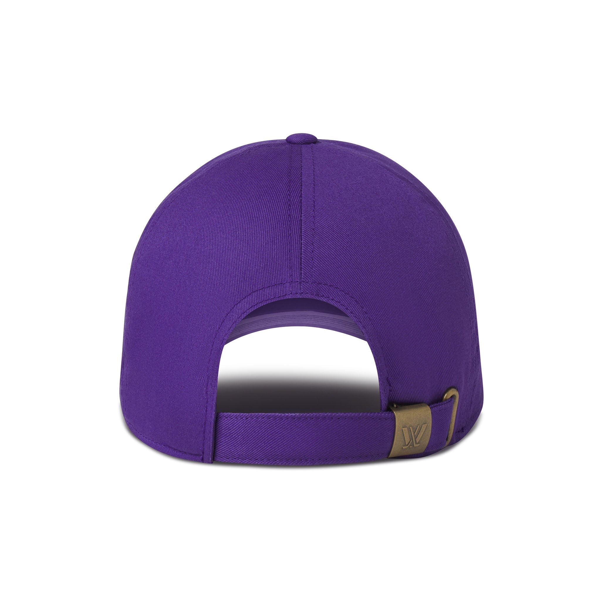 Purple baseball cap with a gold adjustable strap on a white background
