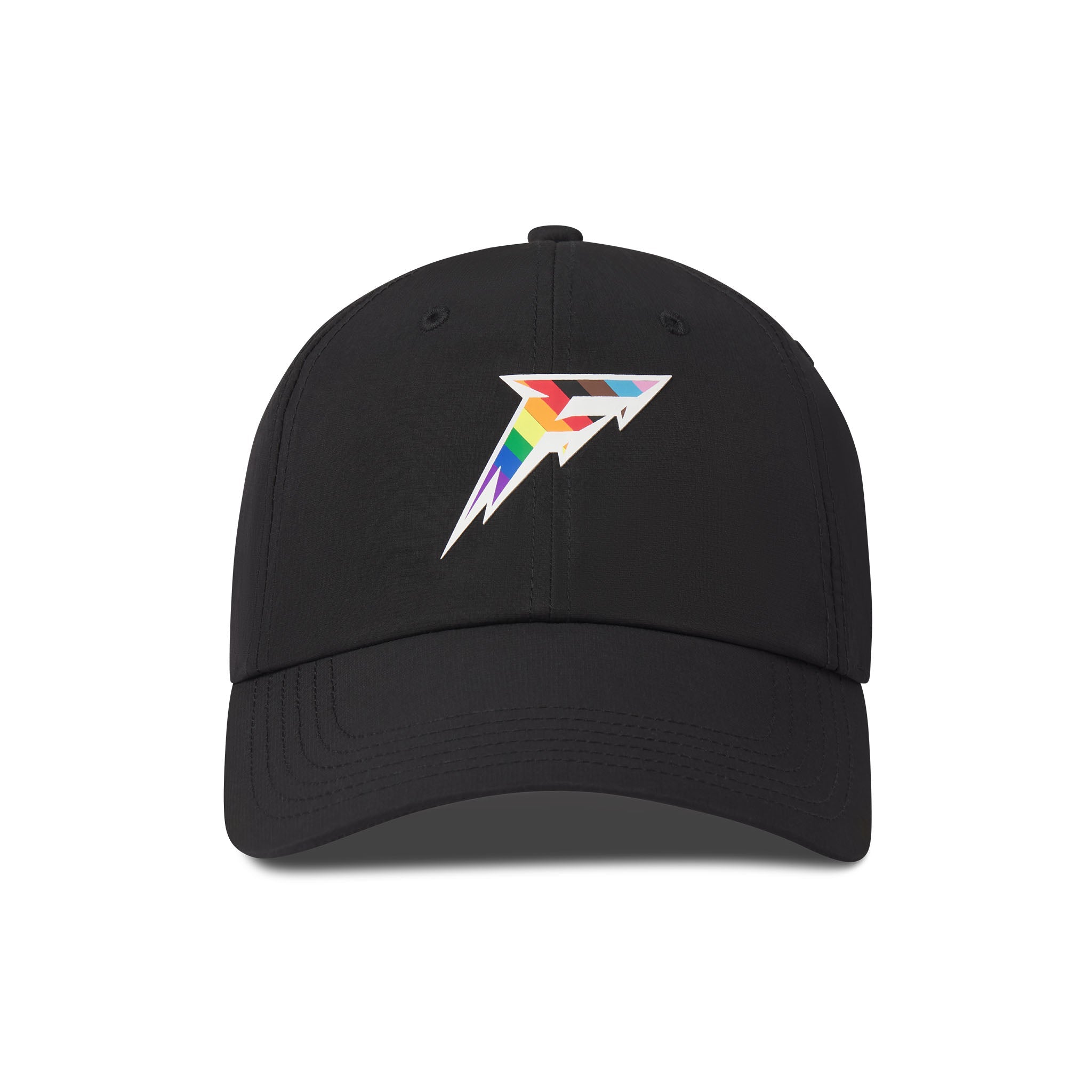 Black cap with a colorful logo on a white background