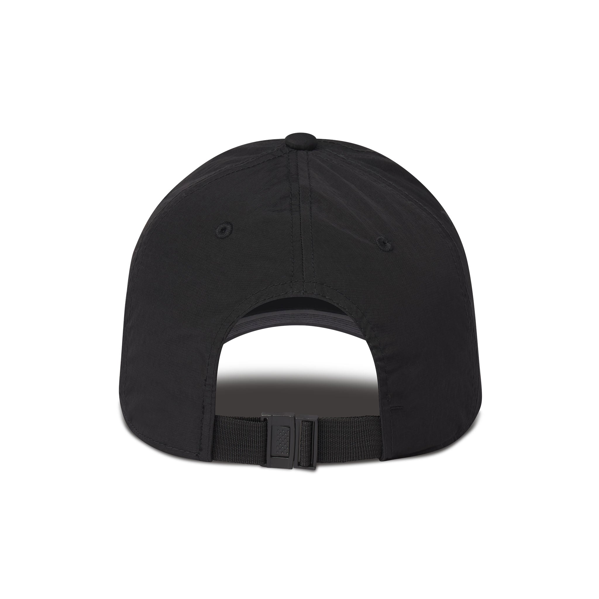 Black cap with a strap on a white background
