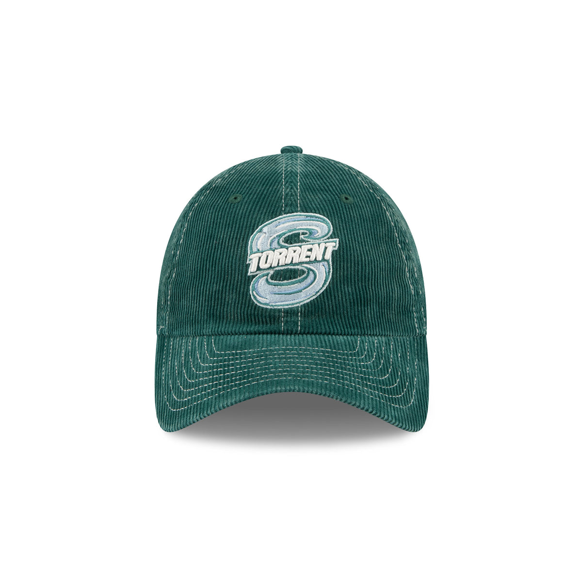 A dark green corduroy baseball cap with a white and light blue embroidered 'TORRENT' logo on the front, shown against a plain white background.