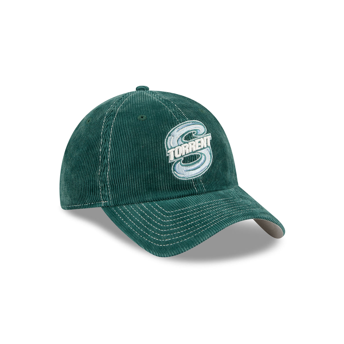 A dark green corduroy baseball cap with a white and blue 'Torrent' logo embroidered on the front, shown on a clean white background.