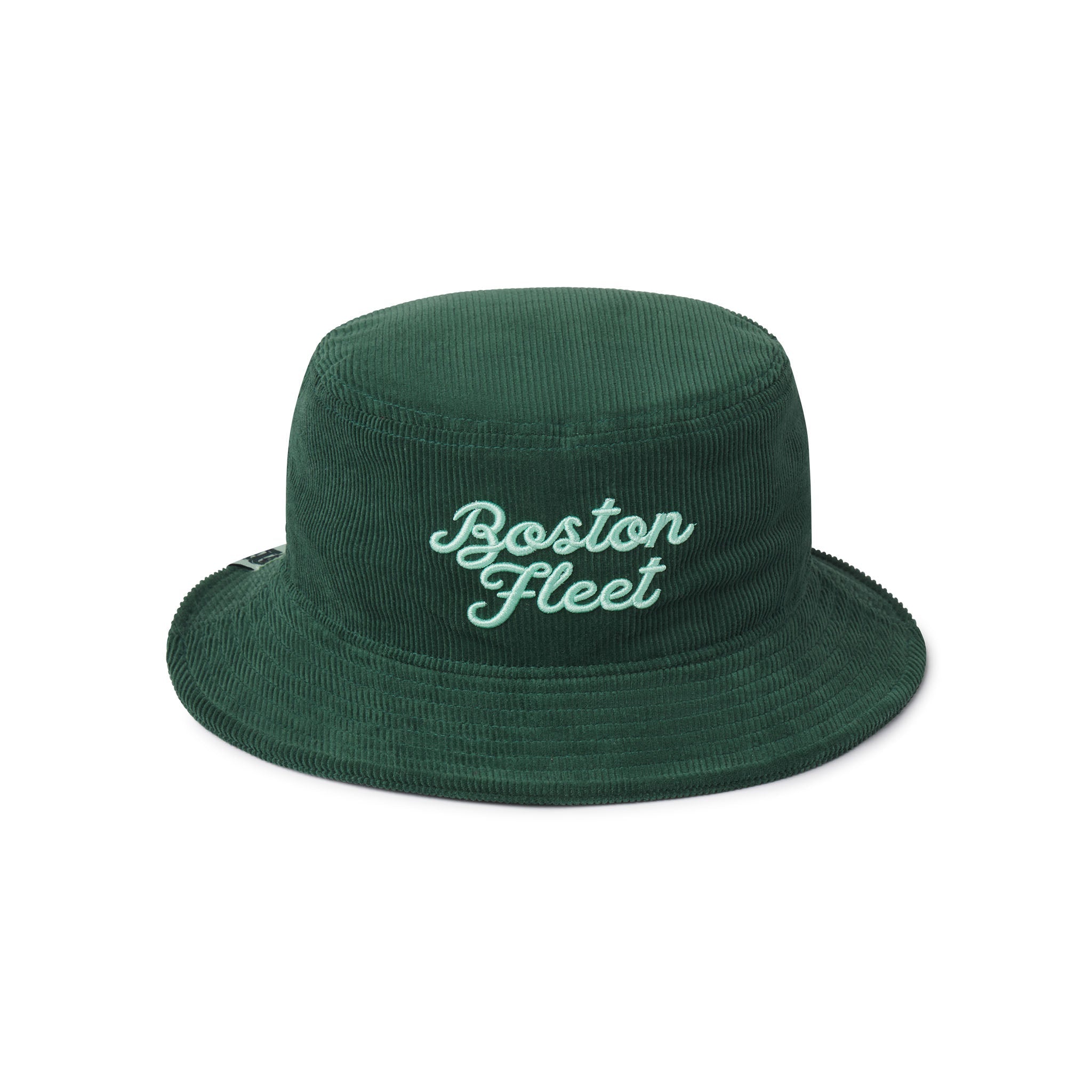 Green bucket hat with 'Boston Fleet' embroidery on a white background
