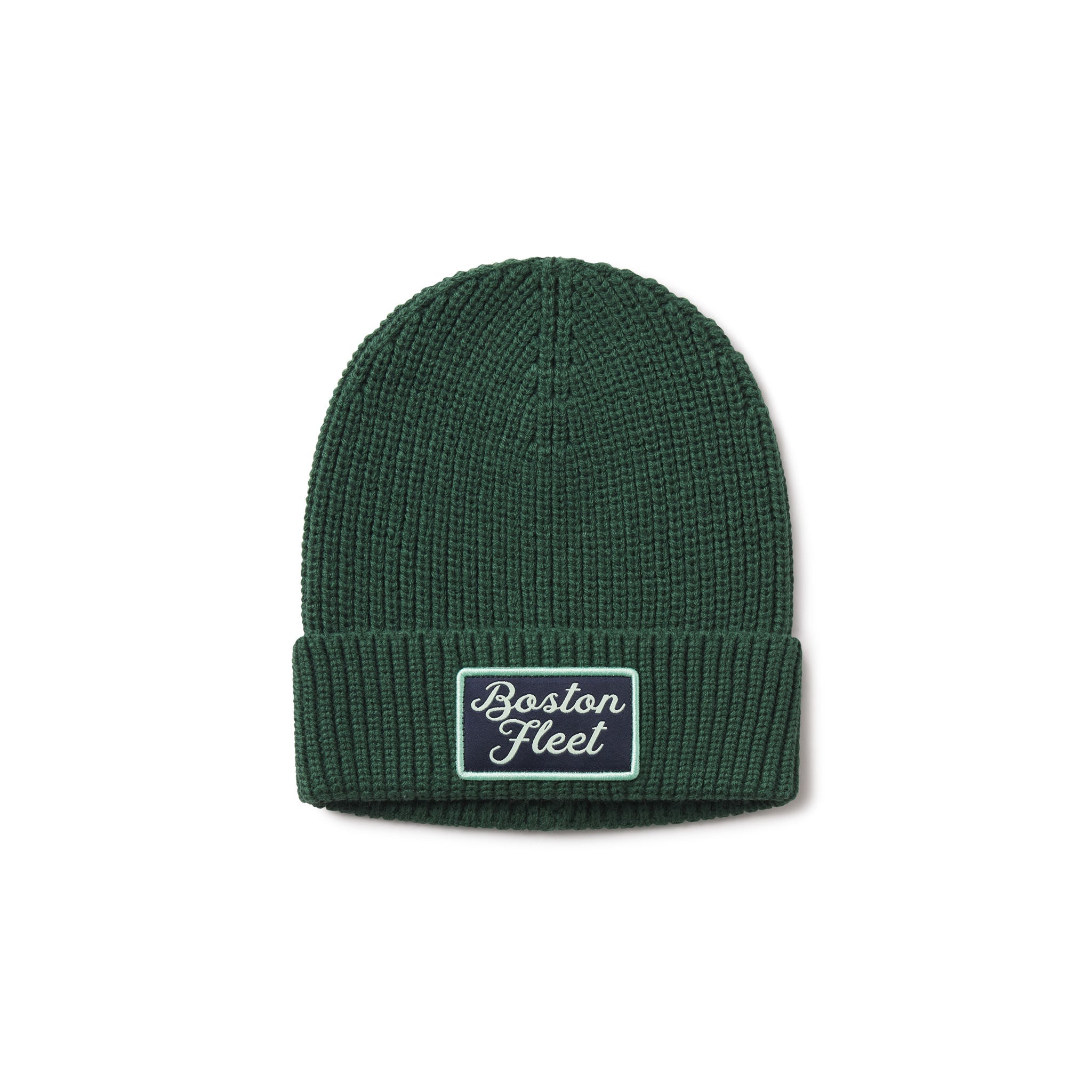 Green beanie with 'Boston Fleet' logo on a white background