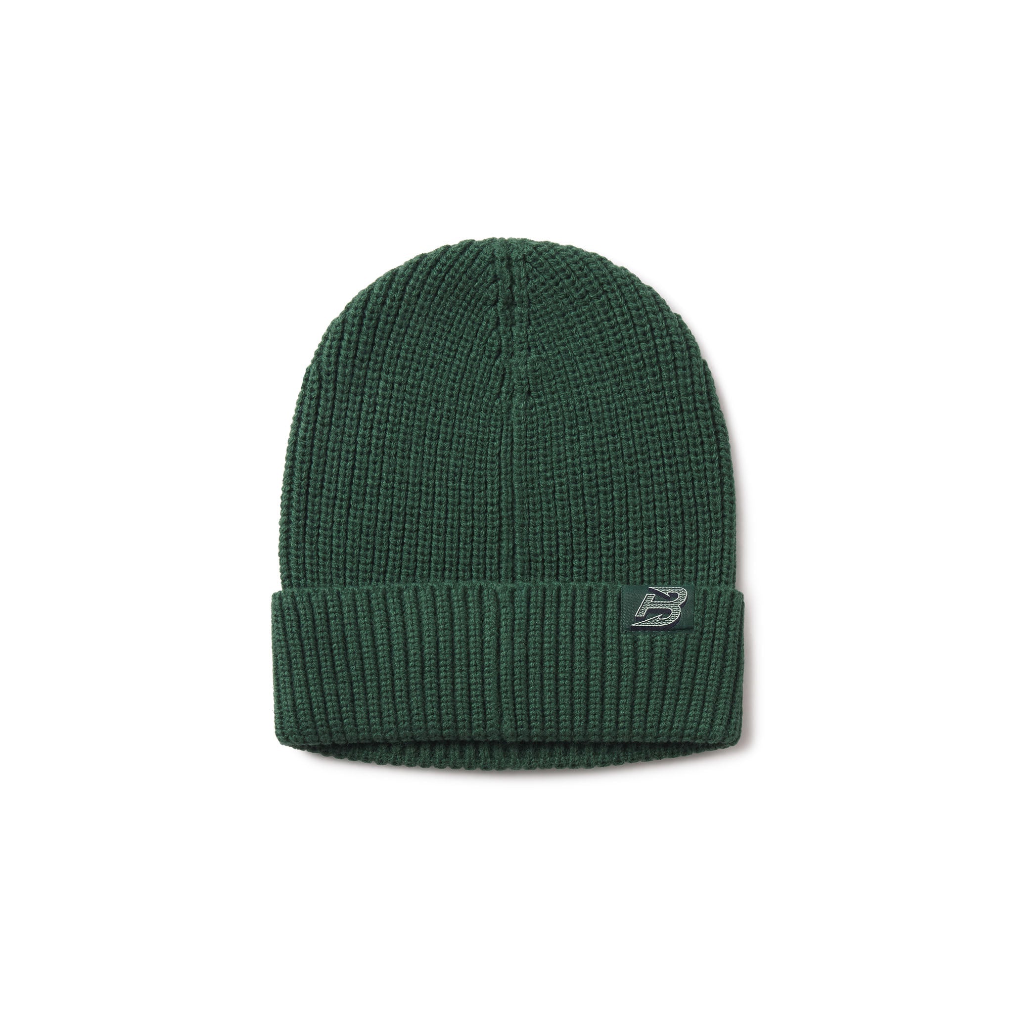 Green beanie with a logo on a white background