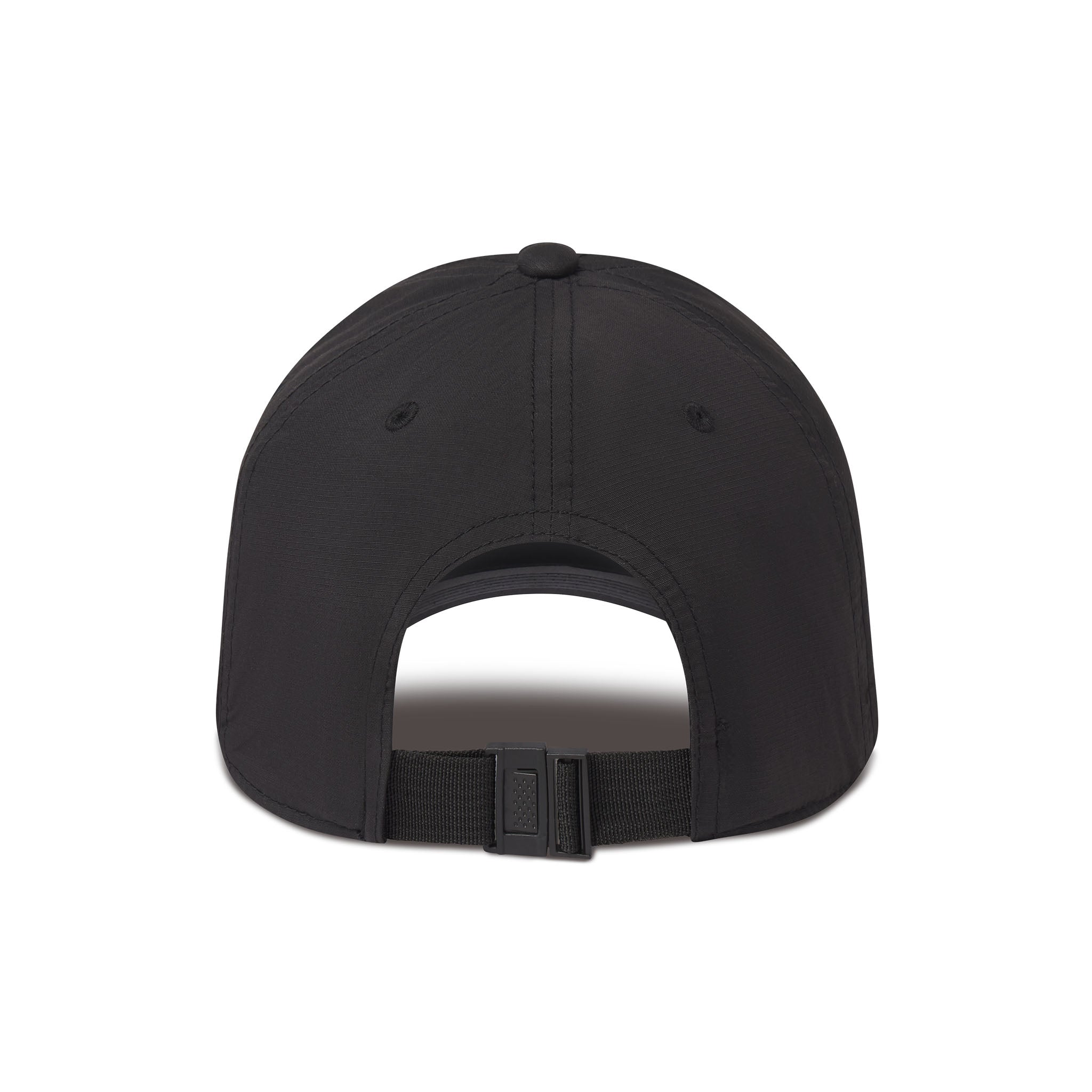 Black cap with a strap on a white background