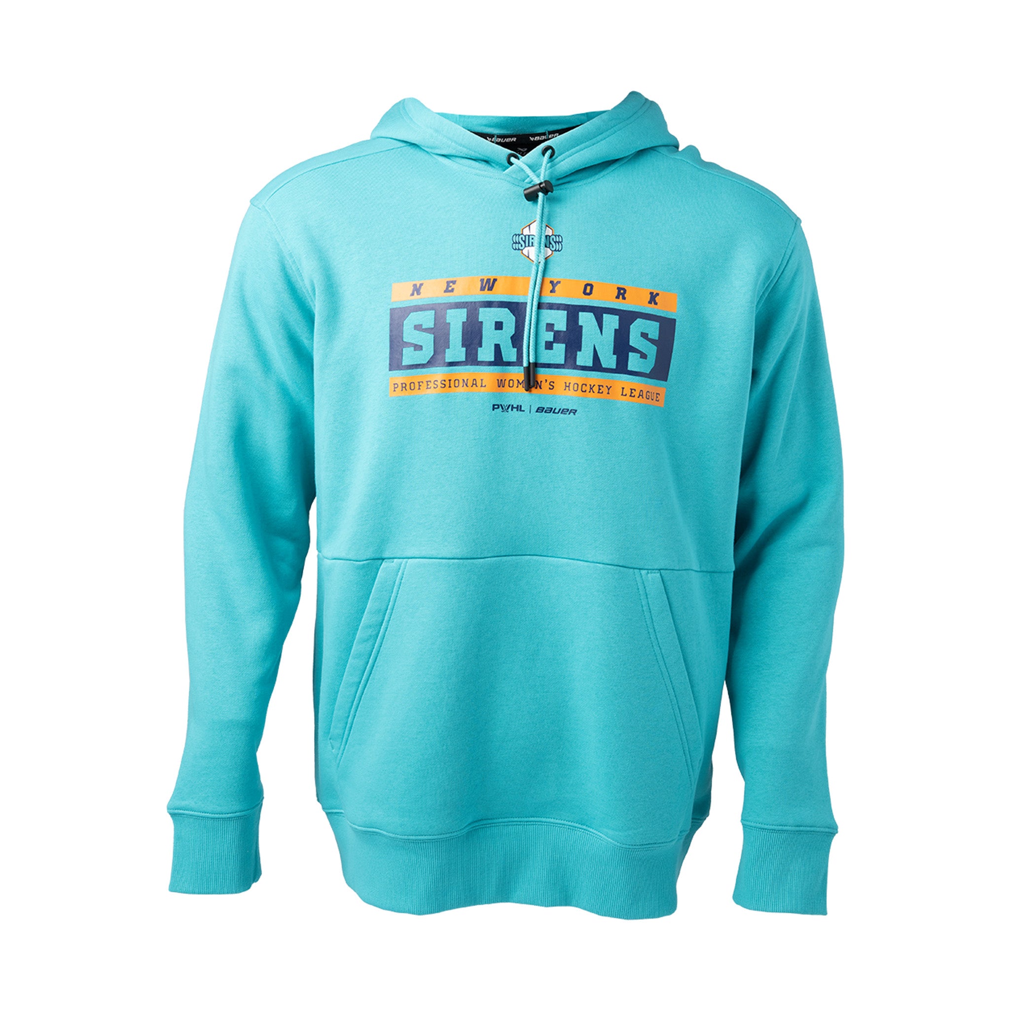 Turquoise hoodie with 'New York Sirens' text on a white background