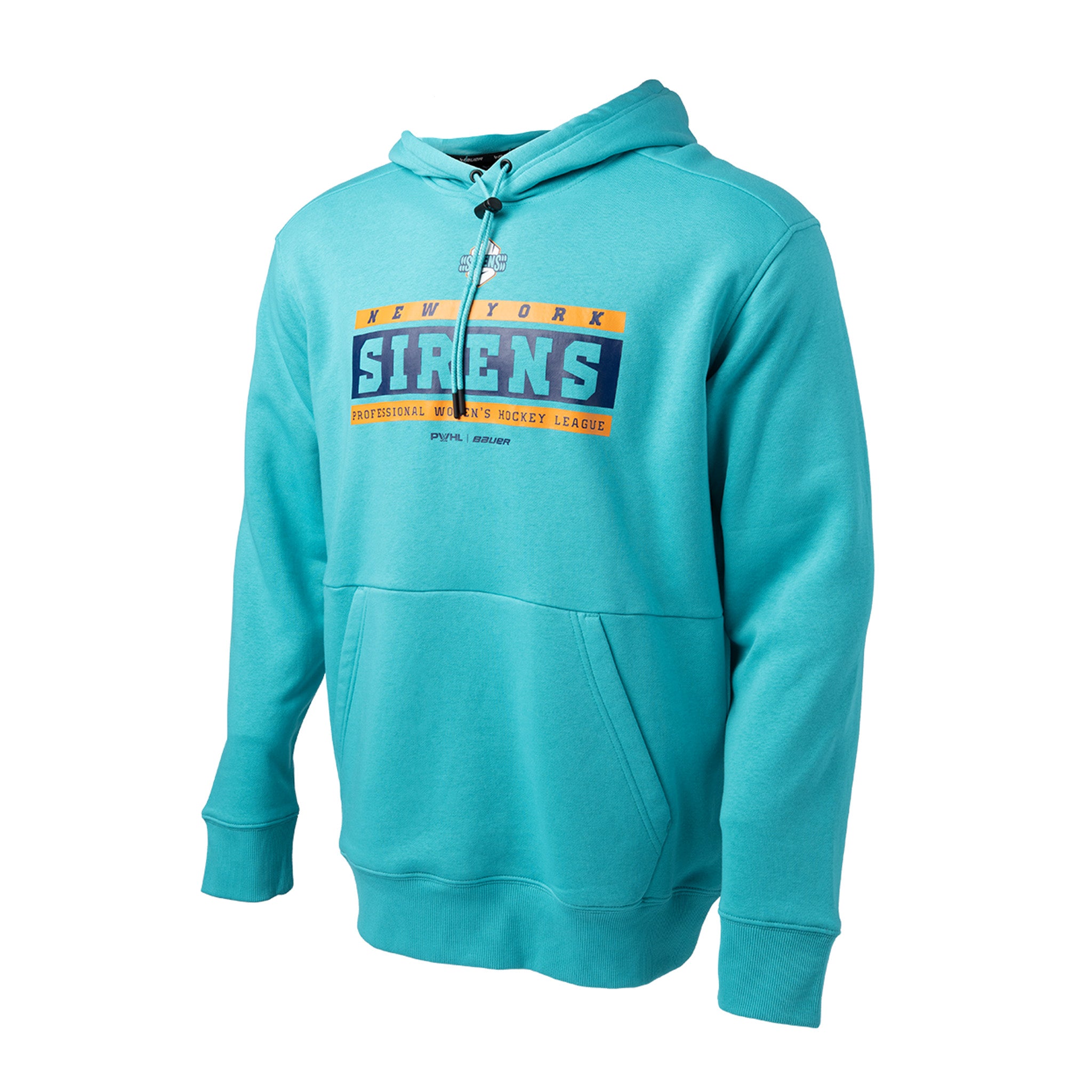 Teal hoodie with 'New York Sirens' text on a white background
