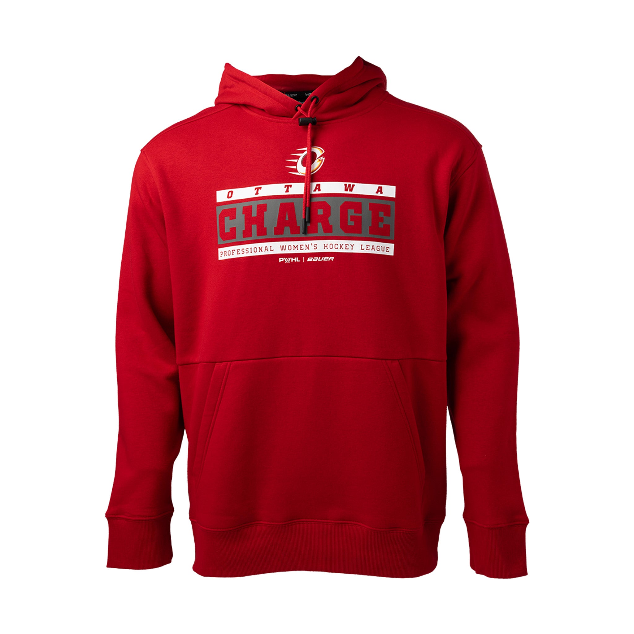 Red hoodie with 'Ottawa Charge' text and logo on a white background