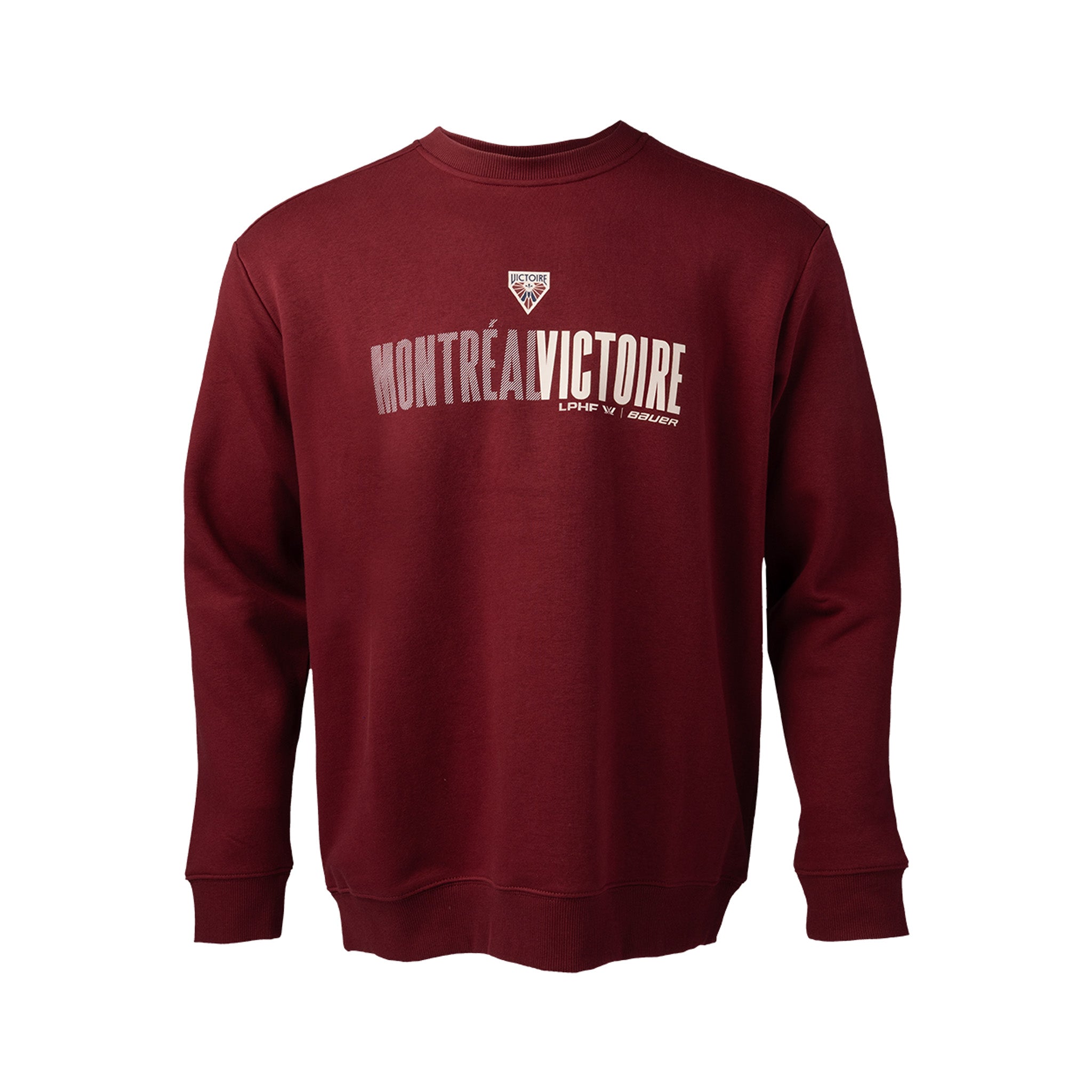 Maroon sweatshirt with 'Montreéal Victoire' text on a white background