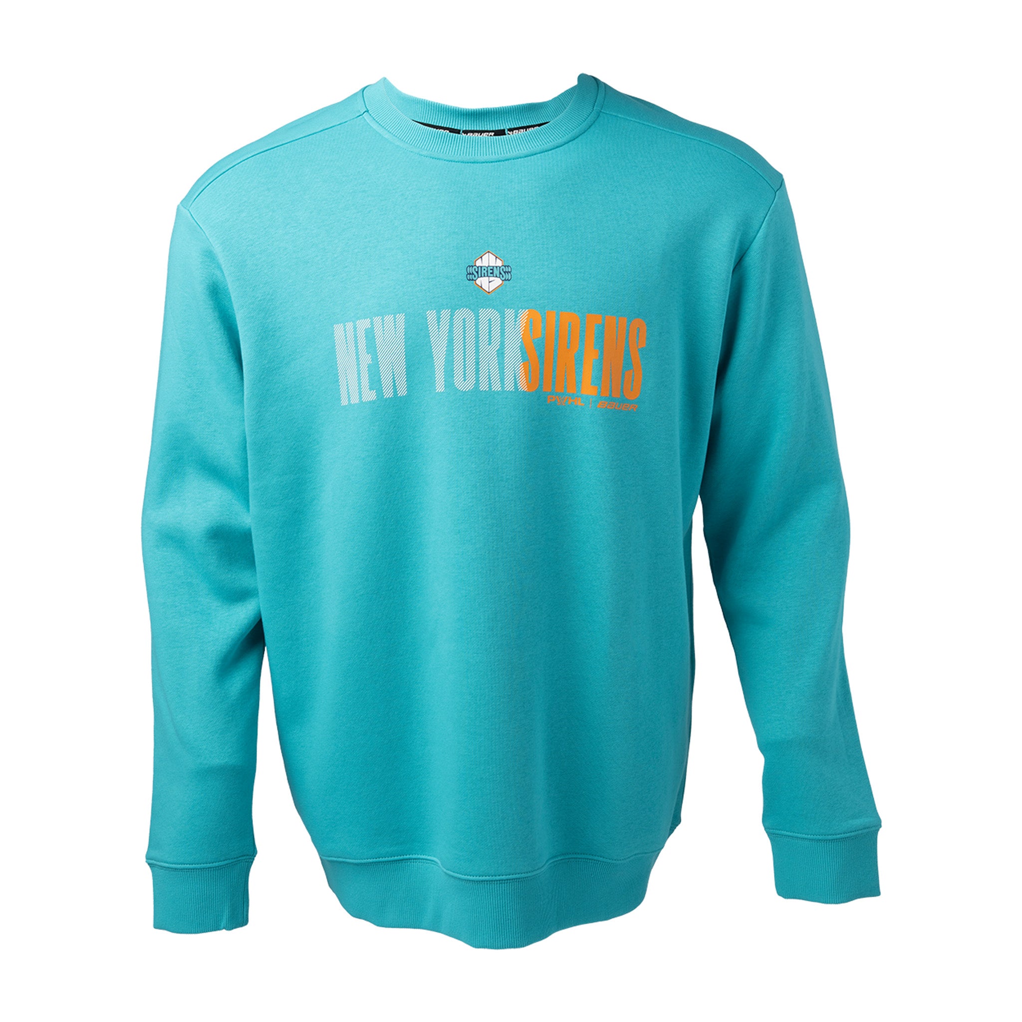 Turquoise sweatshirt with 'New York Sirens' text on a white background