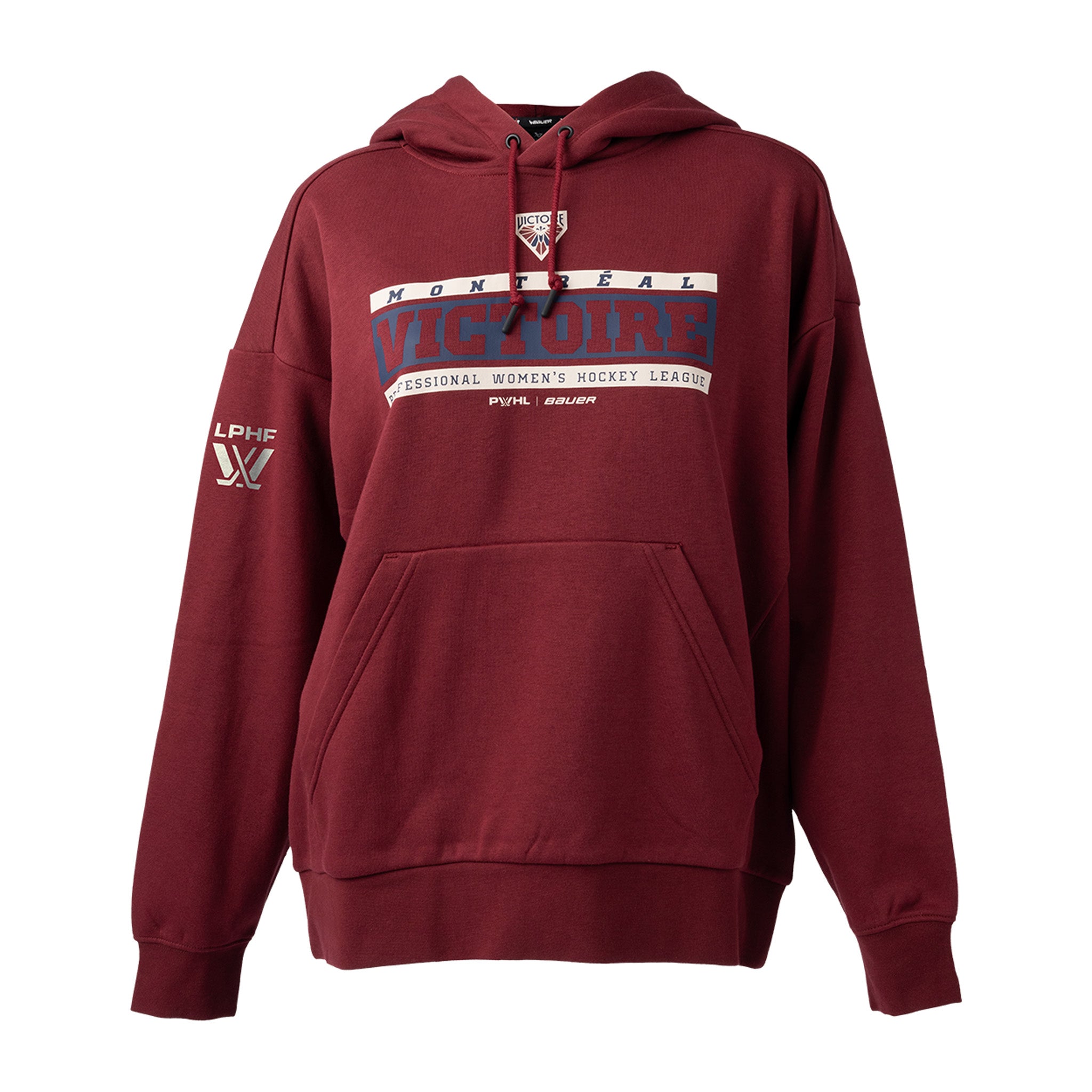 Maroon hoodie with text and logos on a white background