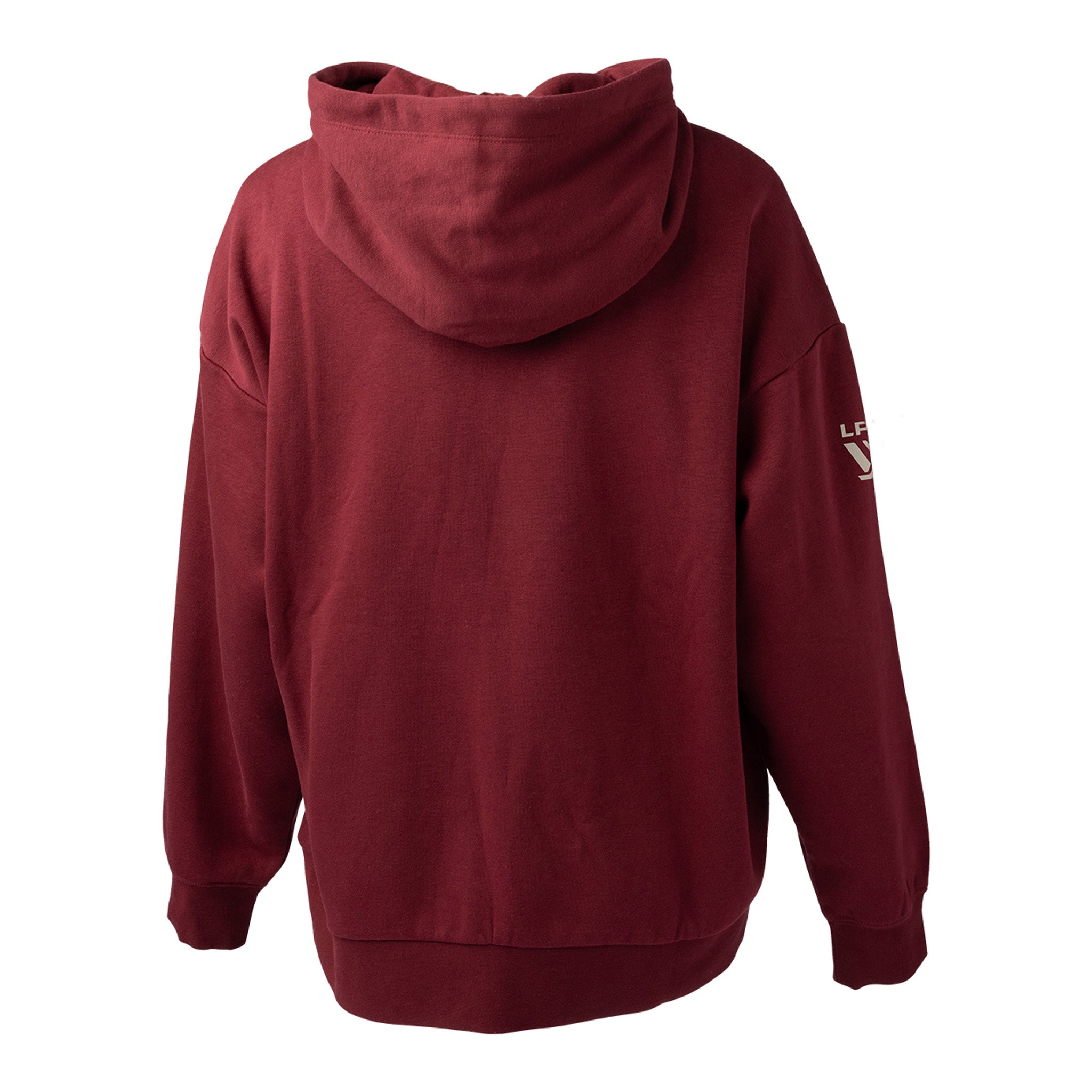 Maroon hoodie with a logo on the sleeve against a white background