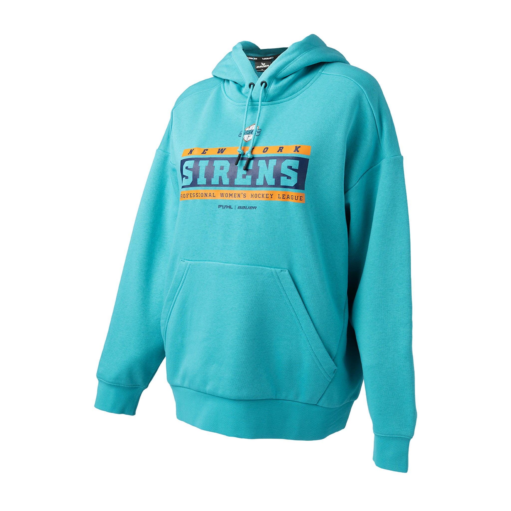 Teal hoodie with 'New York Sirens' text on a white background