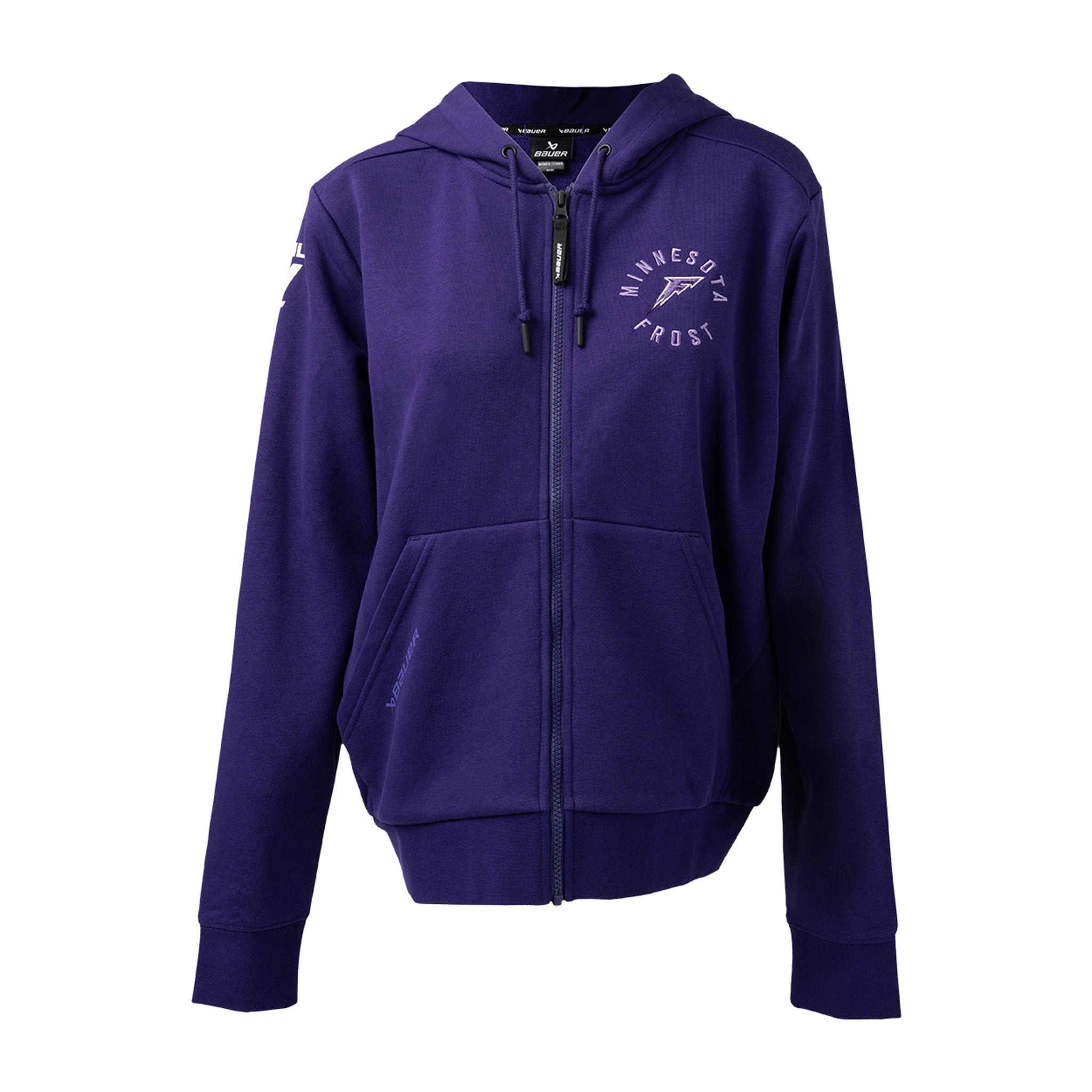 Purple hoodie with a logo on the chest against a white background