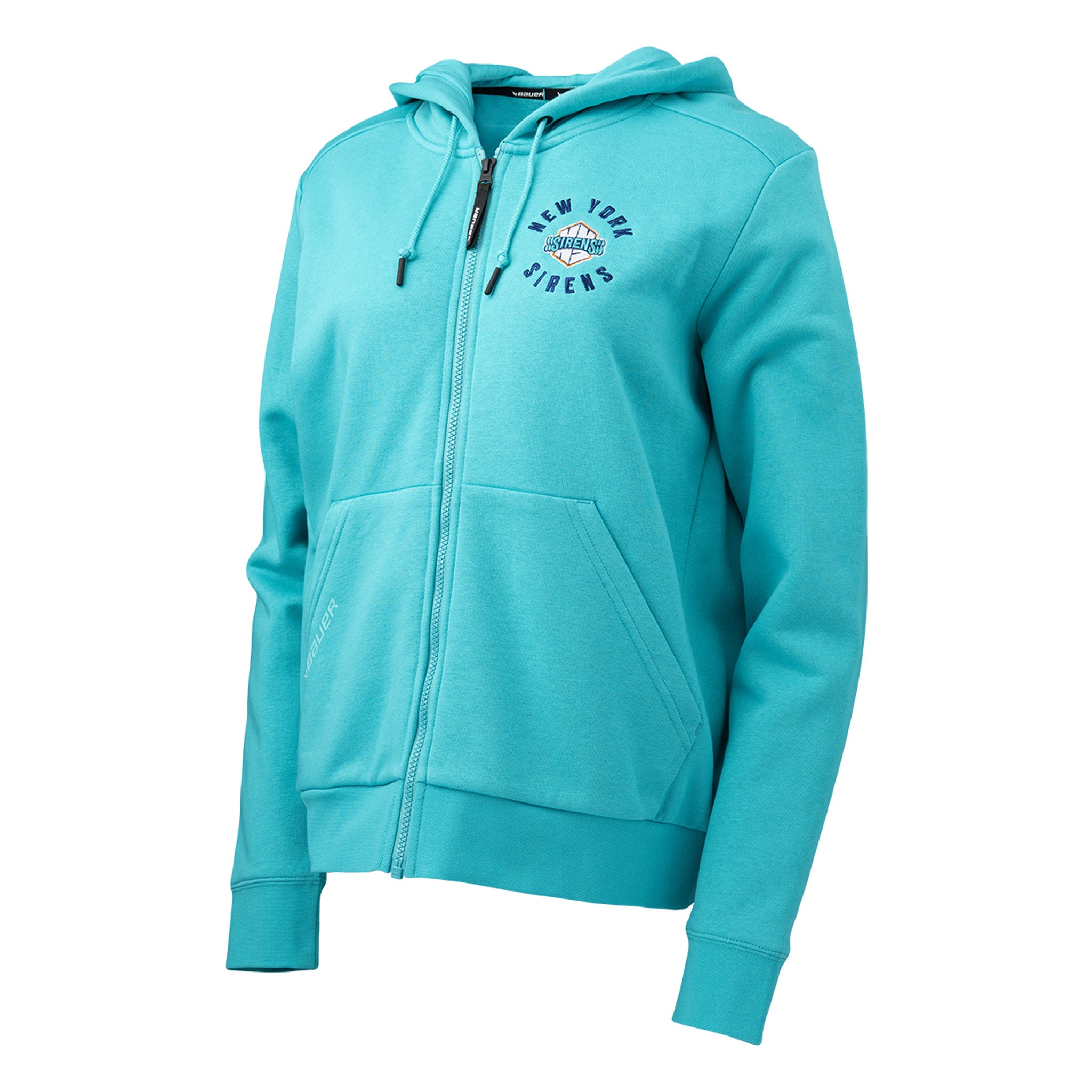 Teal hoodie with a logo on the chest against a white background