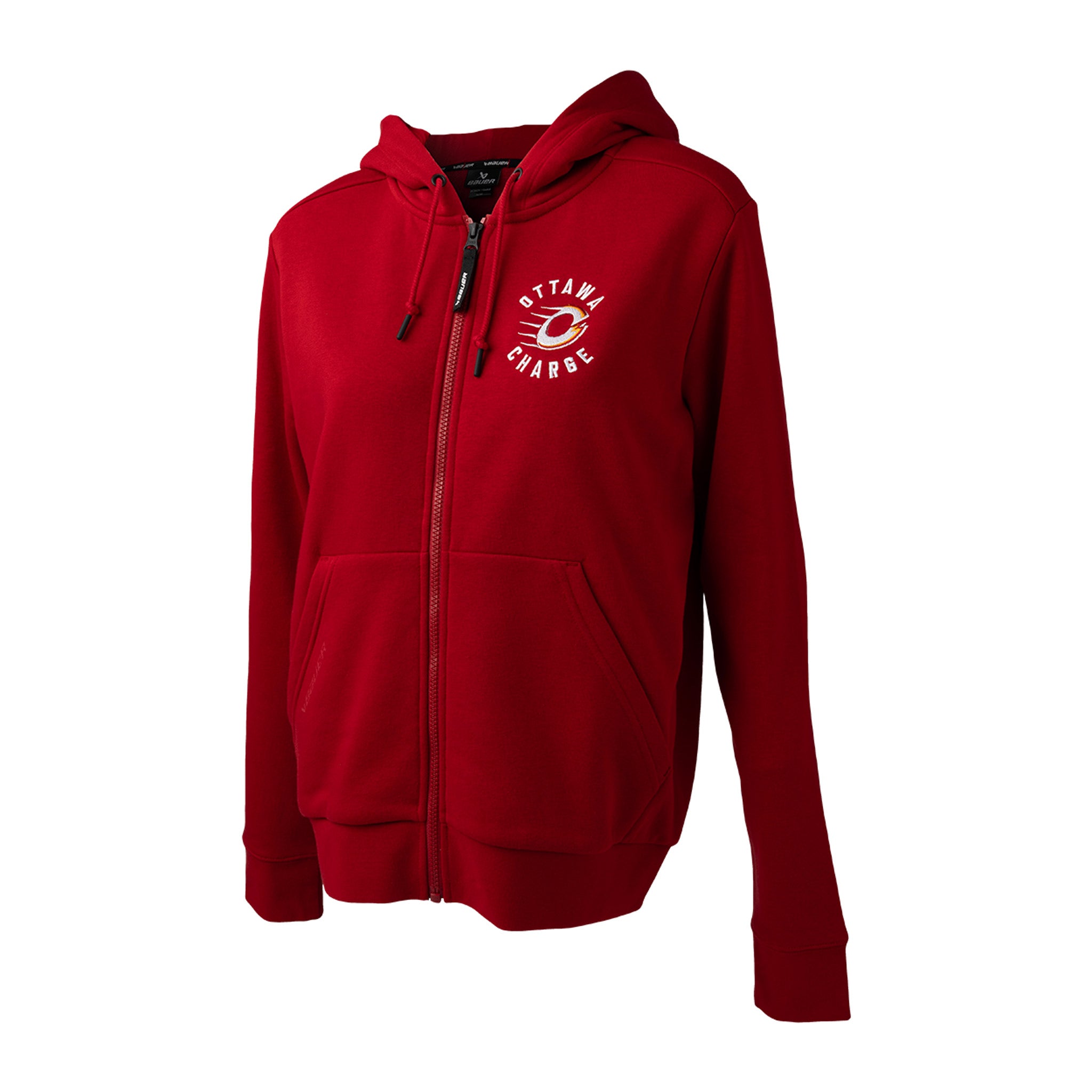 Red hoodie with a logo on the chest against a white background