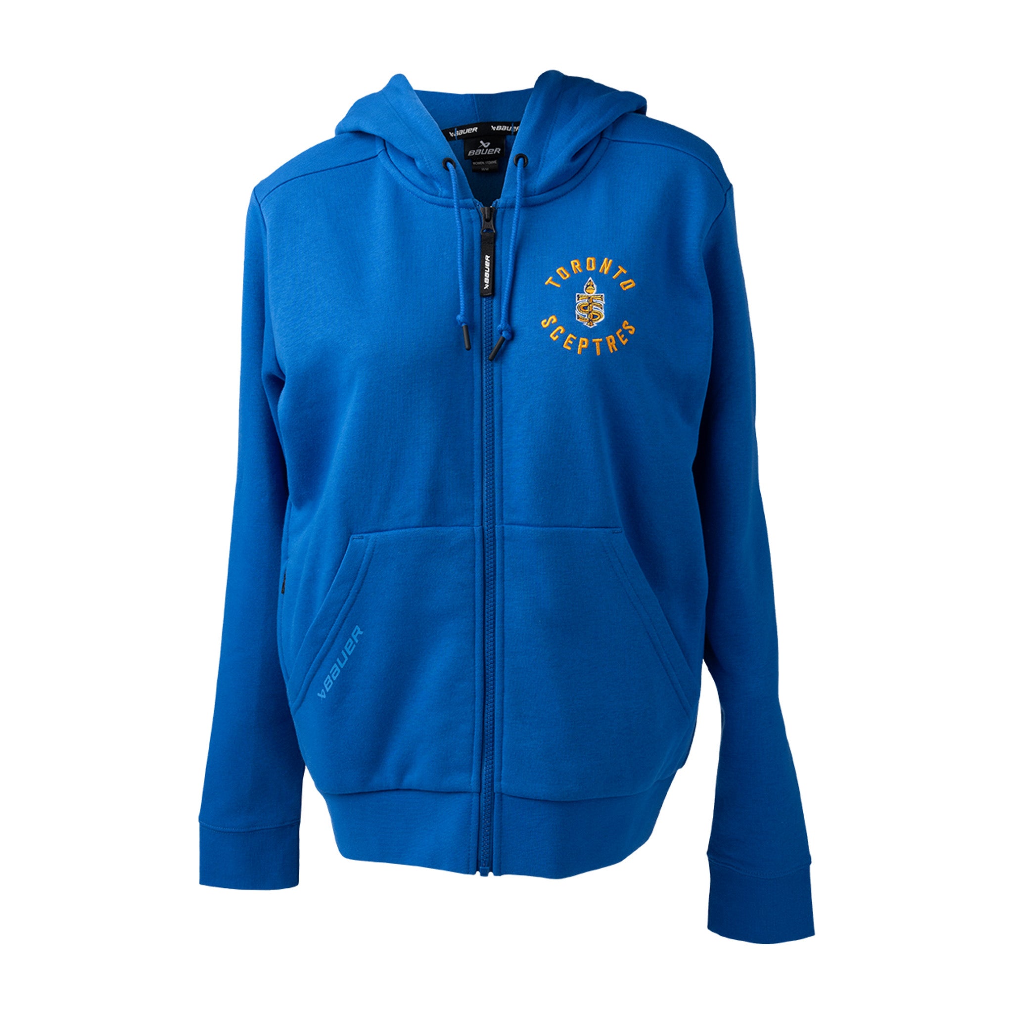 Blue hoodie with a logo on the chest against a white background