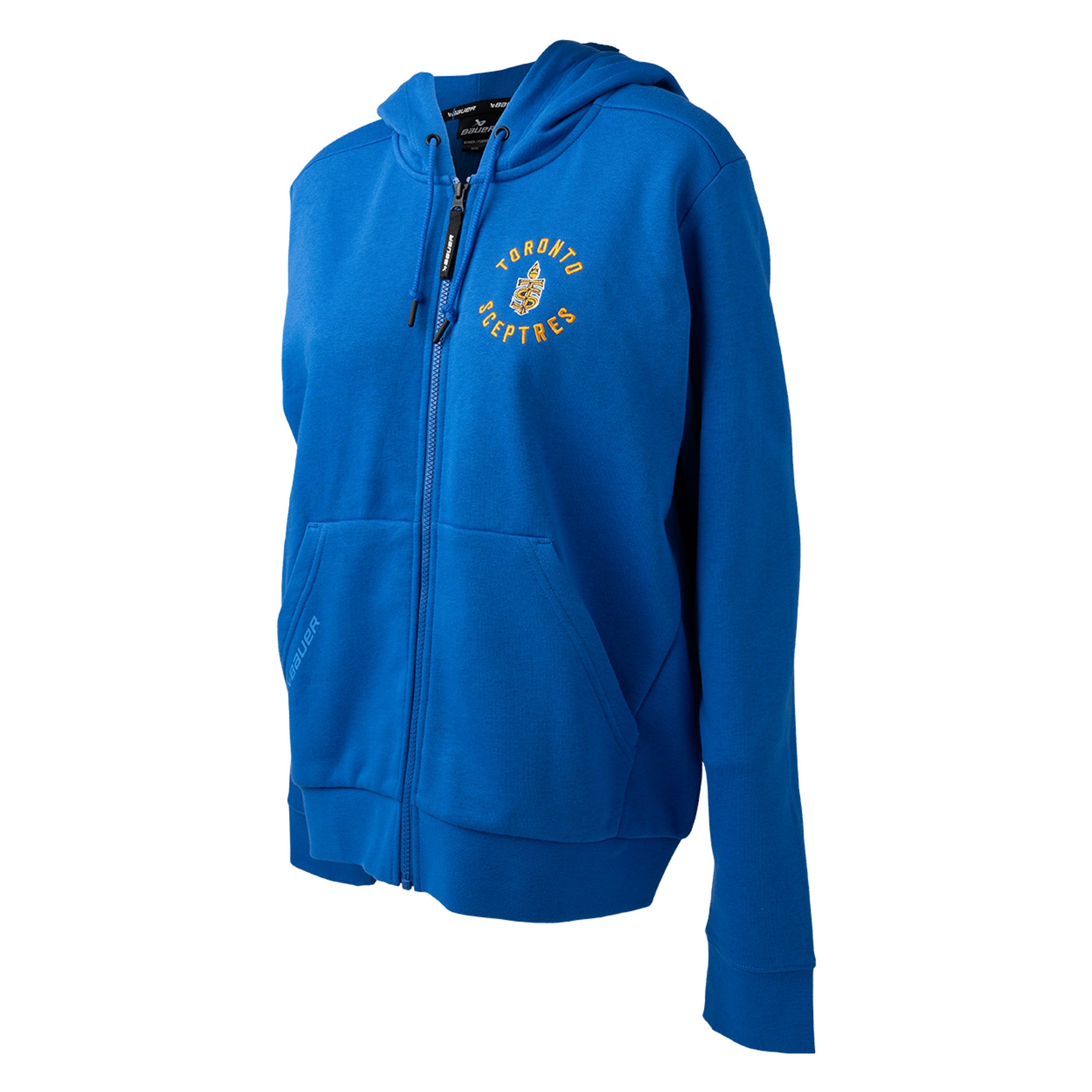 Blue hoodie with a logo on the chest against a white background
