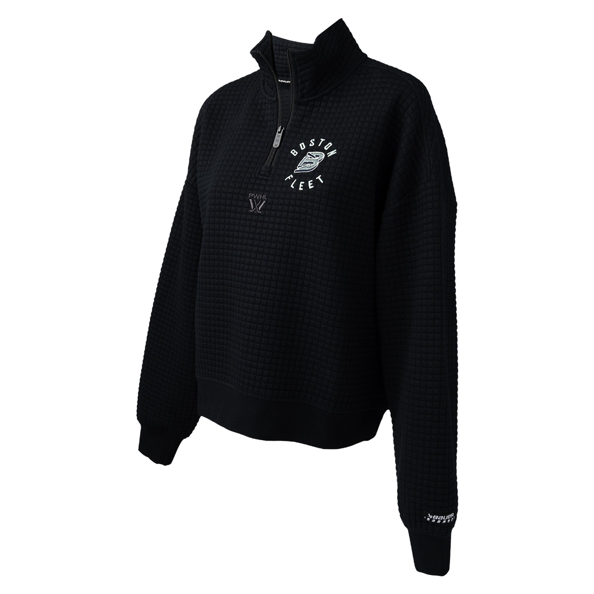 Black quarter-zip sweatshirt with logo on a white background