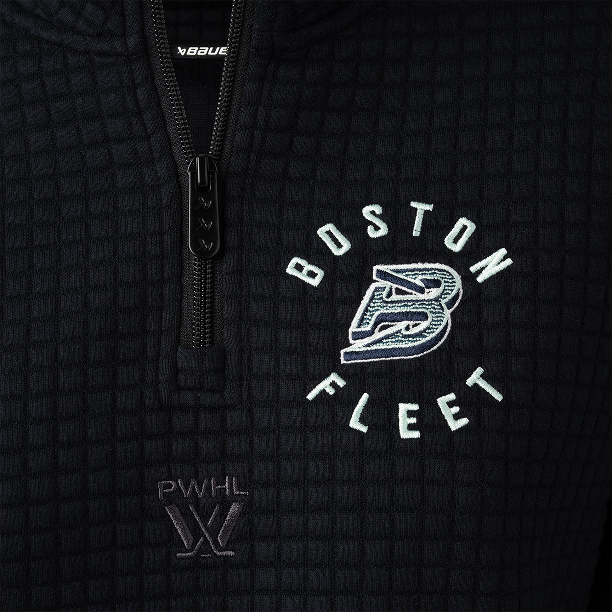 Black textured hoodie with 'Boston Fleet' logo and branding on a dark background