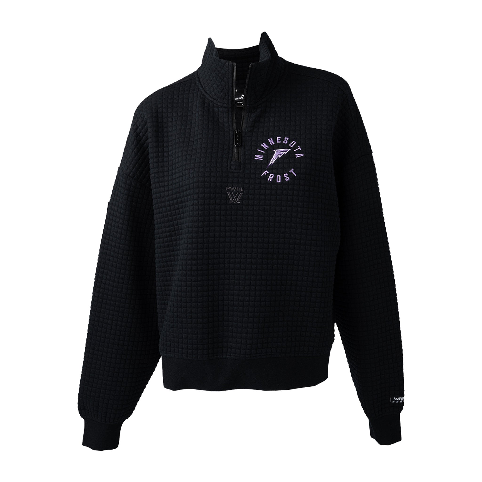 Black quarter-zip sweatshirt with a logo on a white background