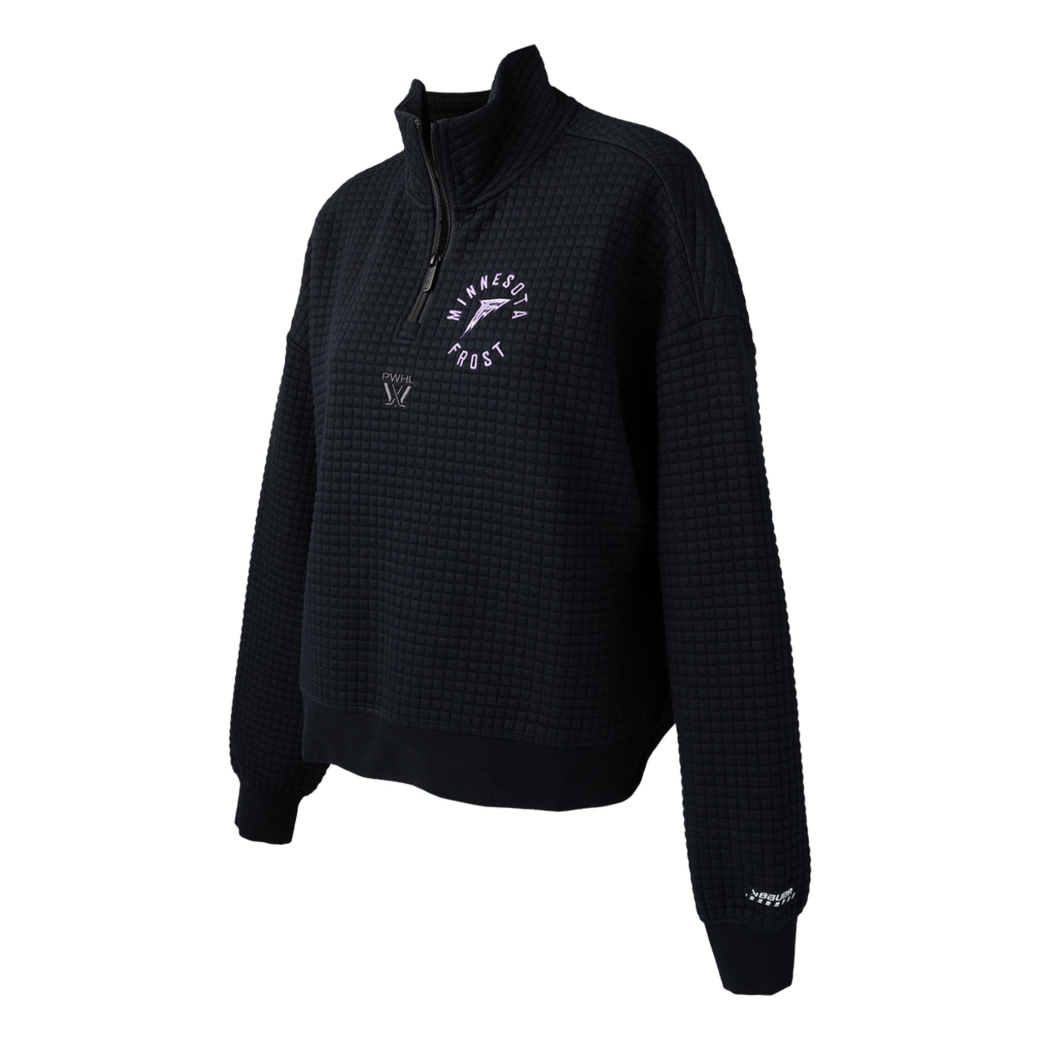 Black quarter-zip sweatshirt with a logo on a white background