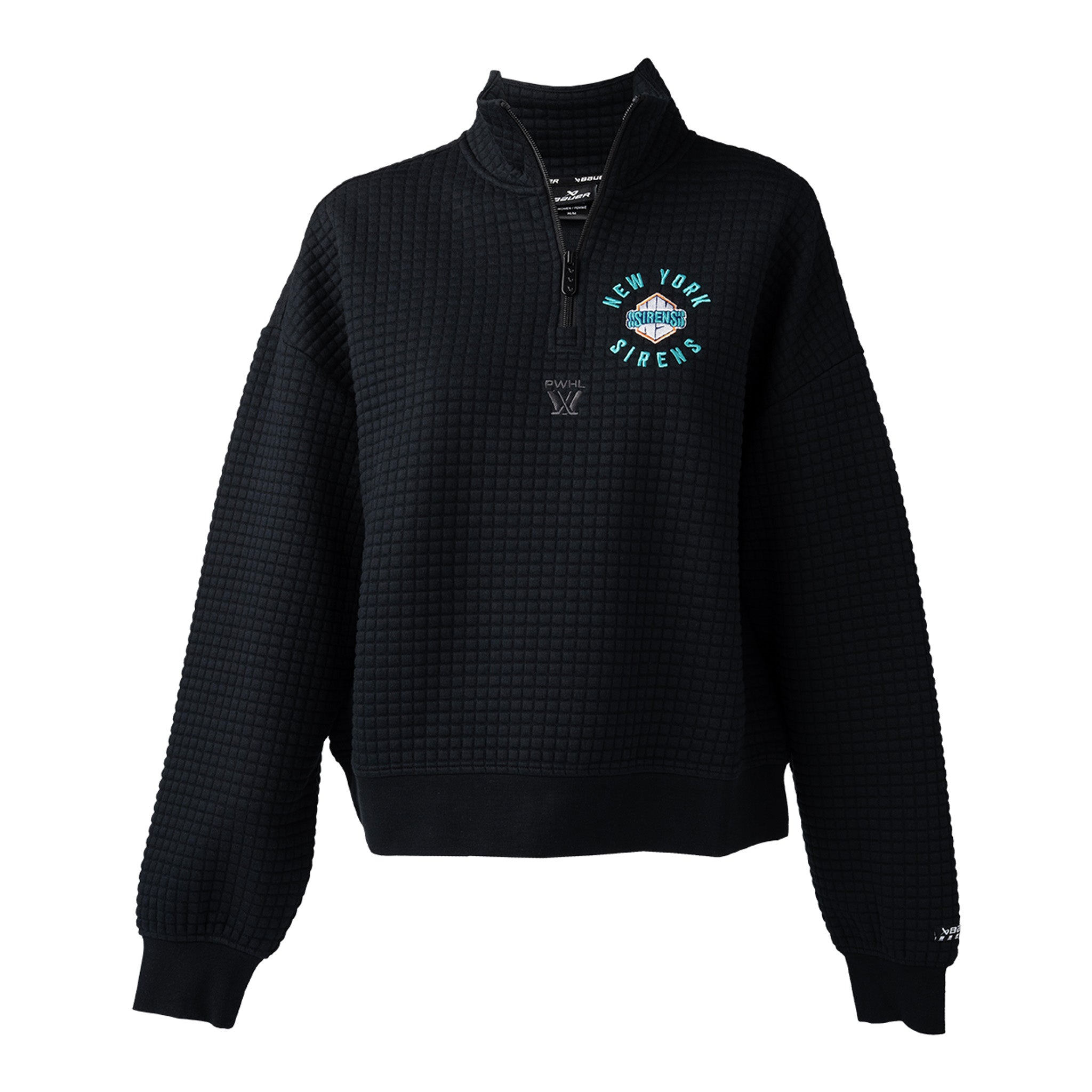 Black quarter-zip sweatshirt with a logo on a white background