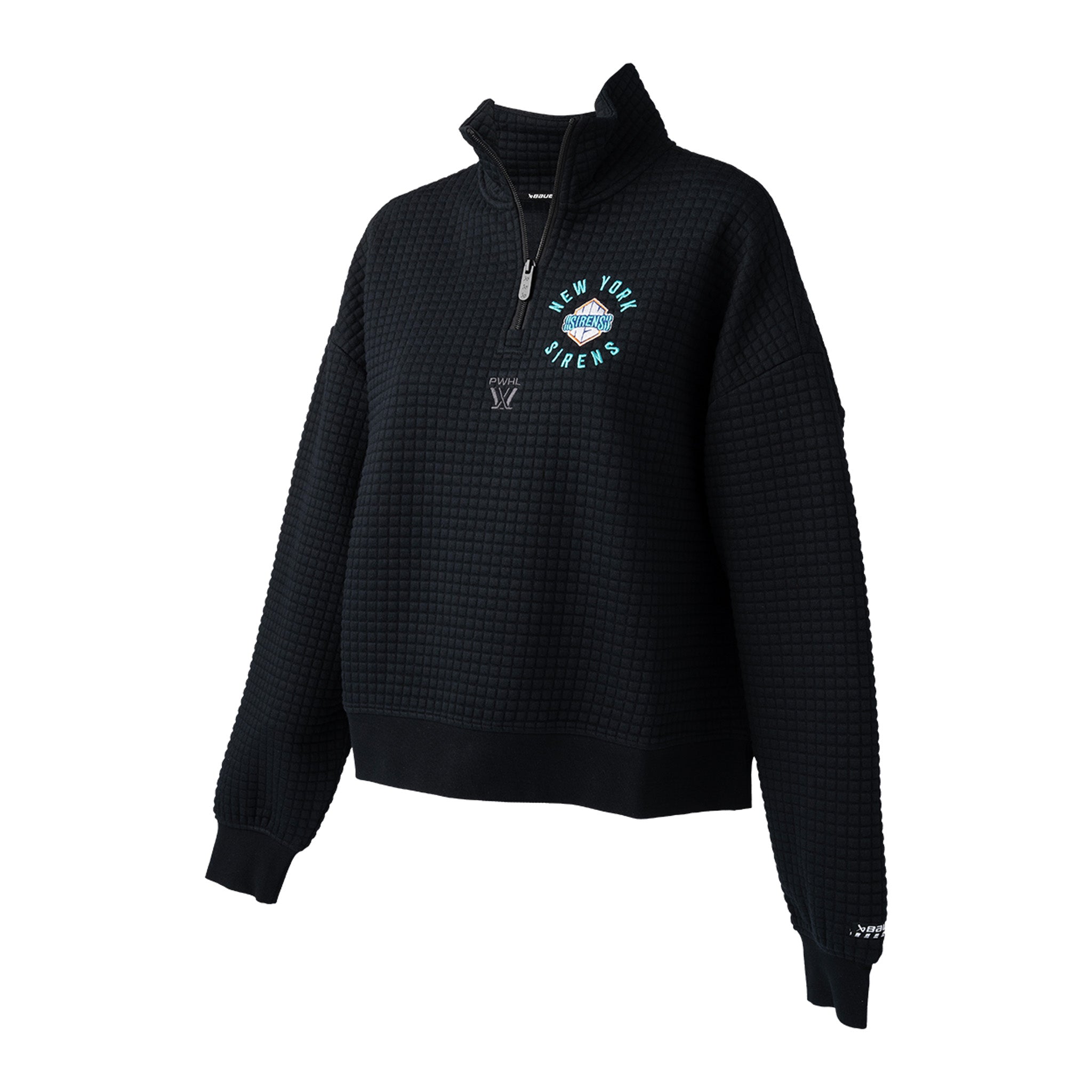 Black quarter-zip sweatshirt with a logo on the chest against a white background