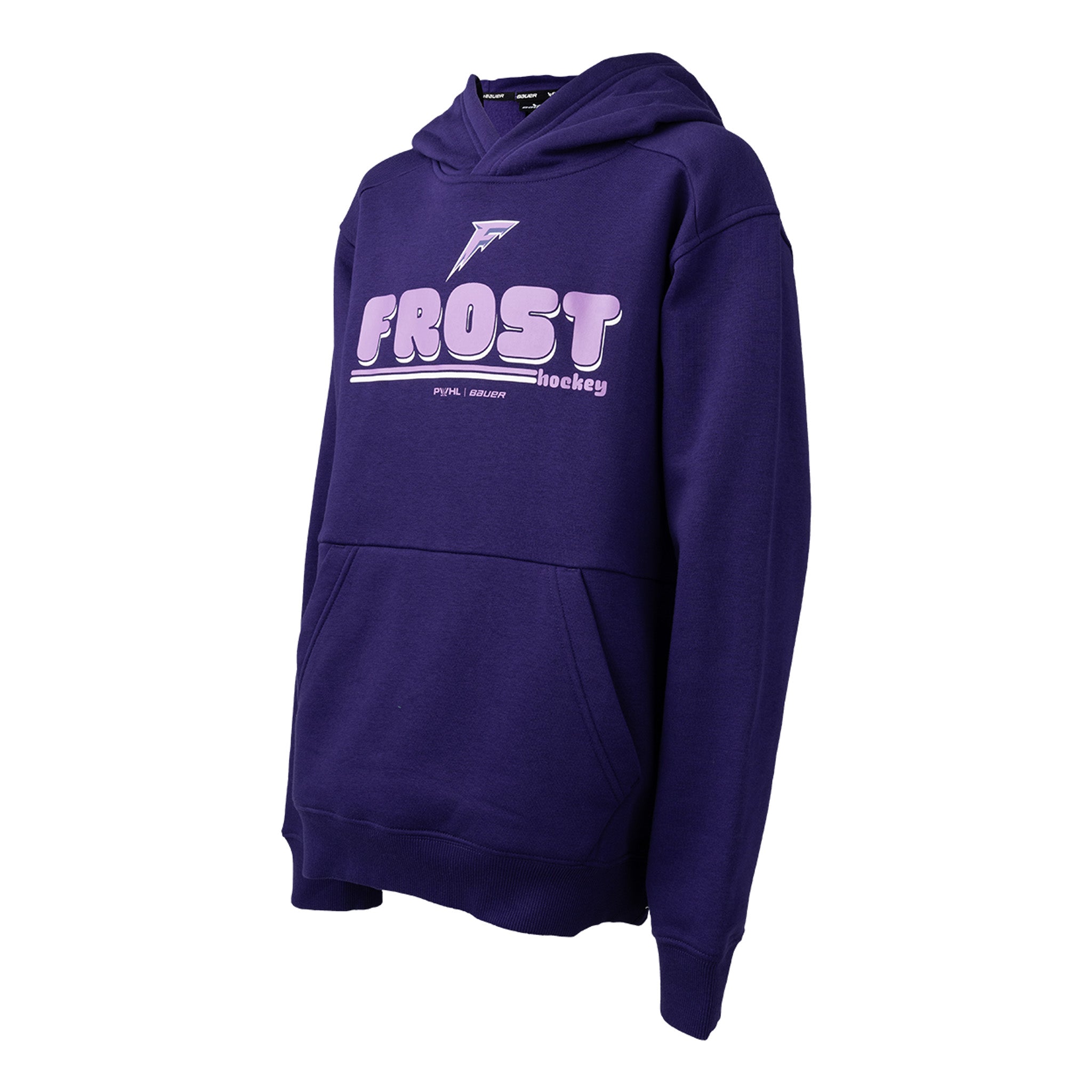 Purple hoodie with 'Frost Hockey' logo on a white background