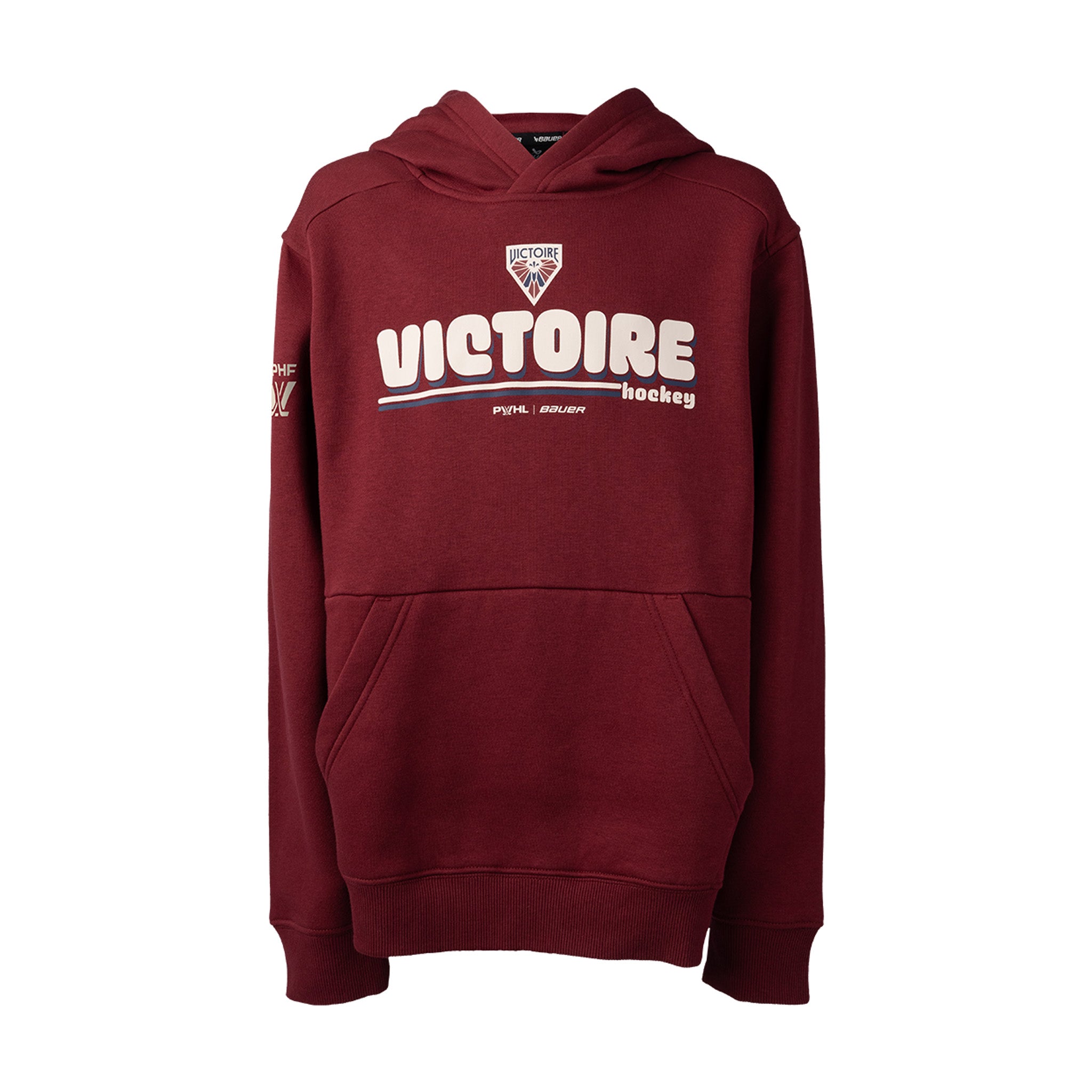 Maroon hoodie with ' Victoire Hockey' text on a white background
