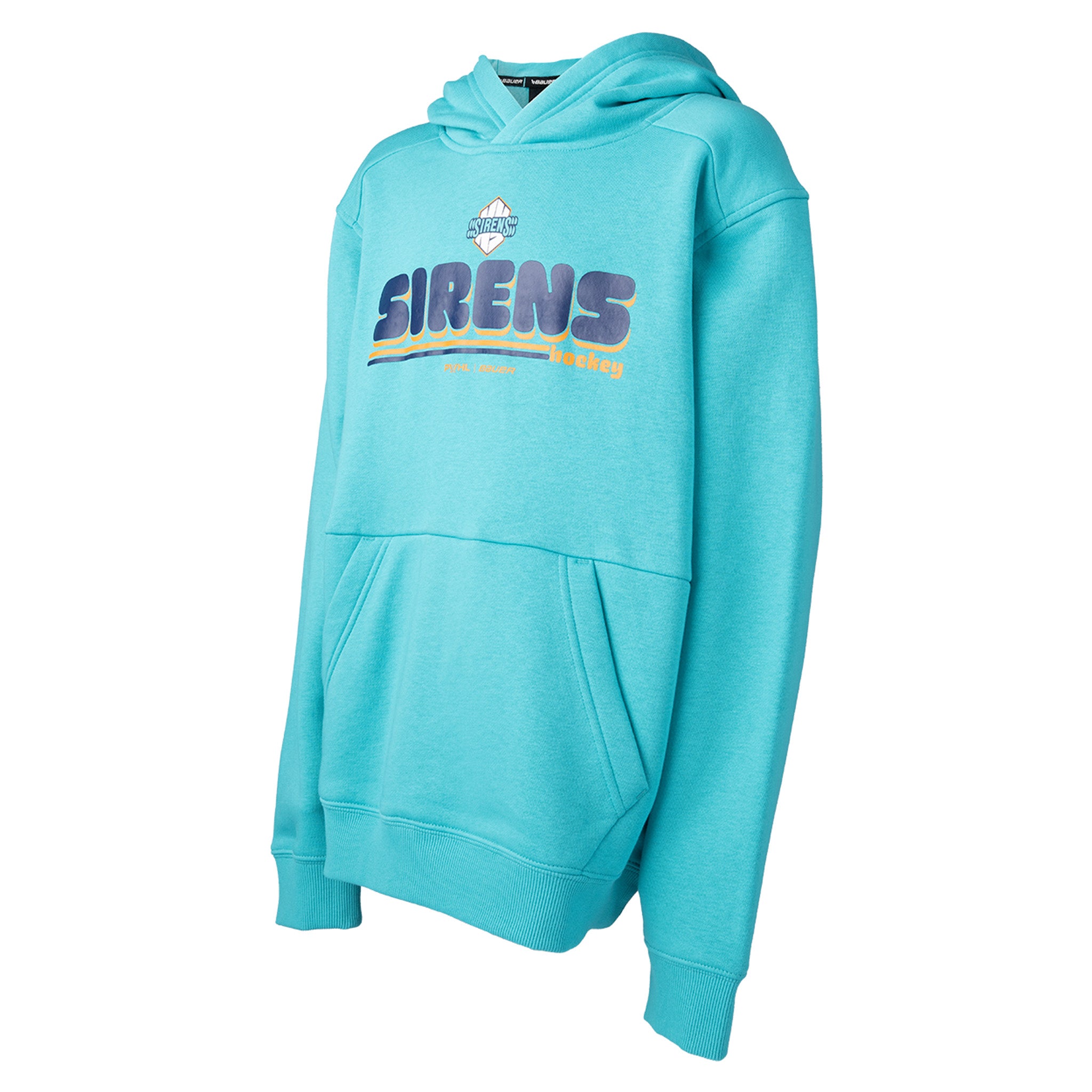 Teal hoodie with 'SIRENS' text on a white background