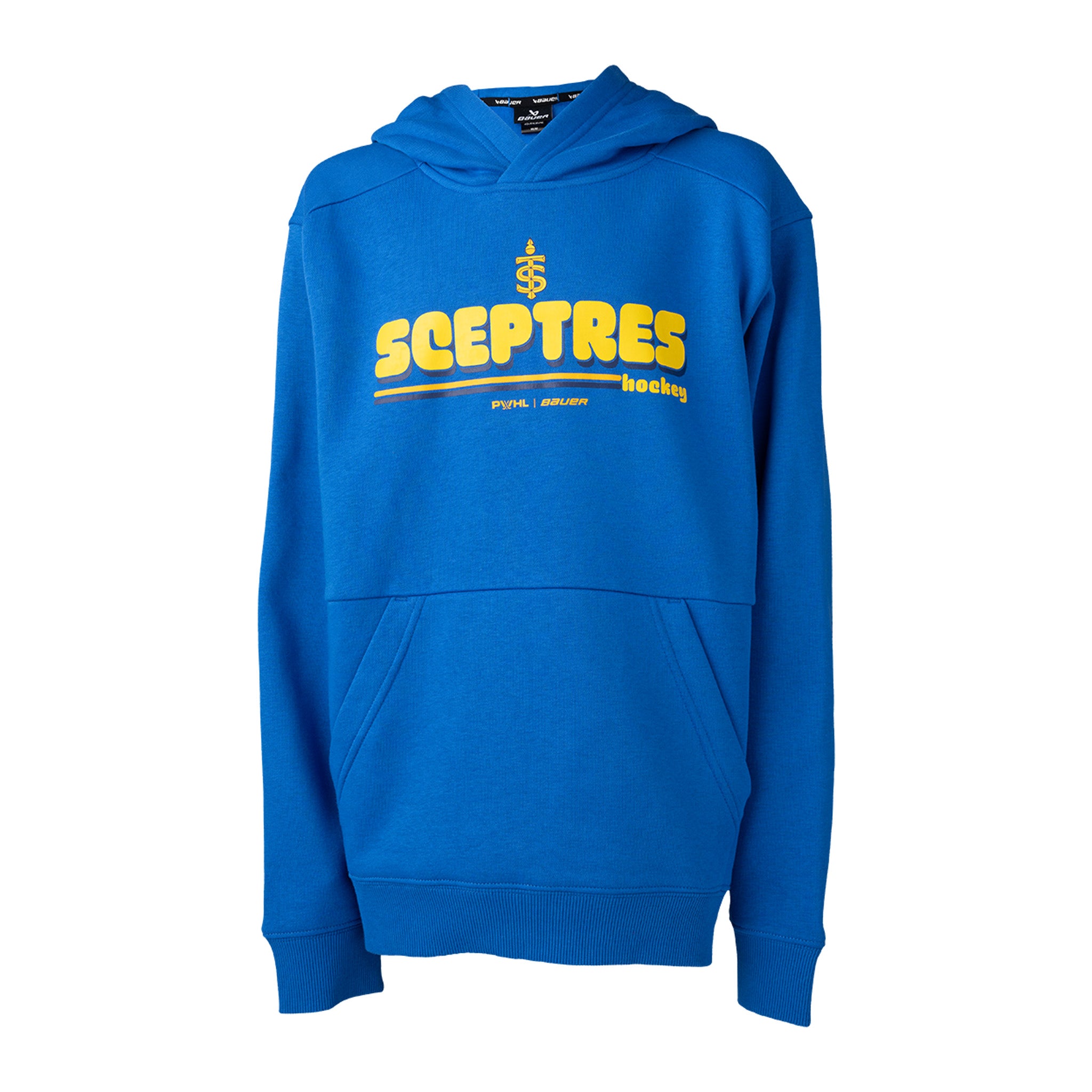 Blue hoodie with yellow 'Sceptres' logo on a white background