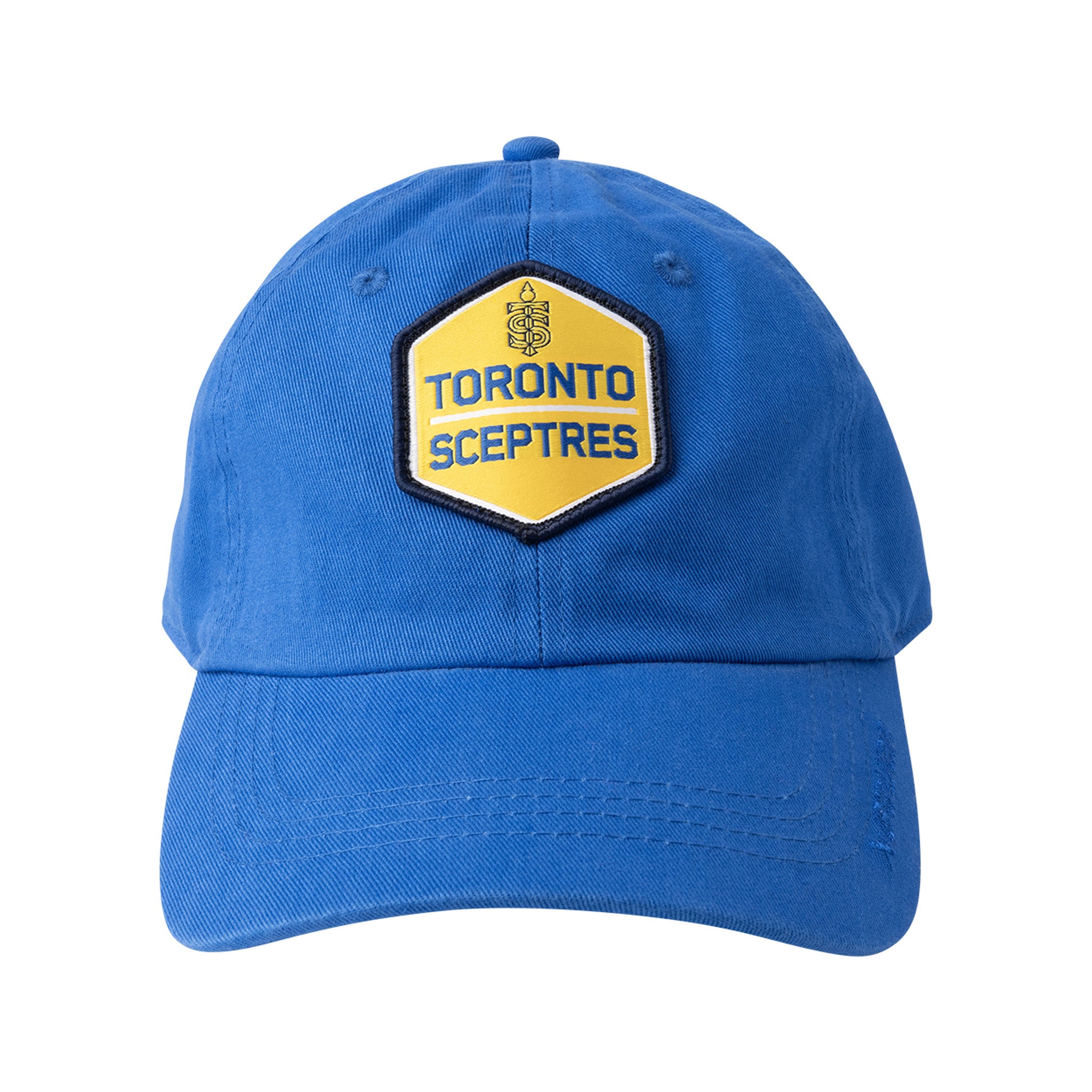 Blue baseball cap with yellow and blue logo on a white background