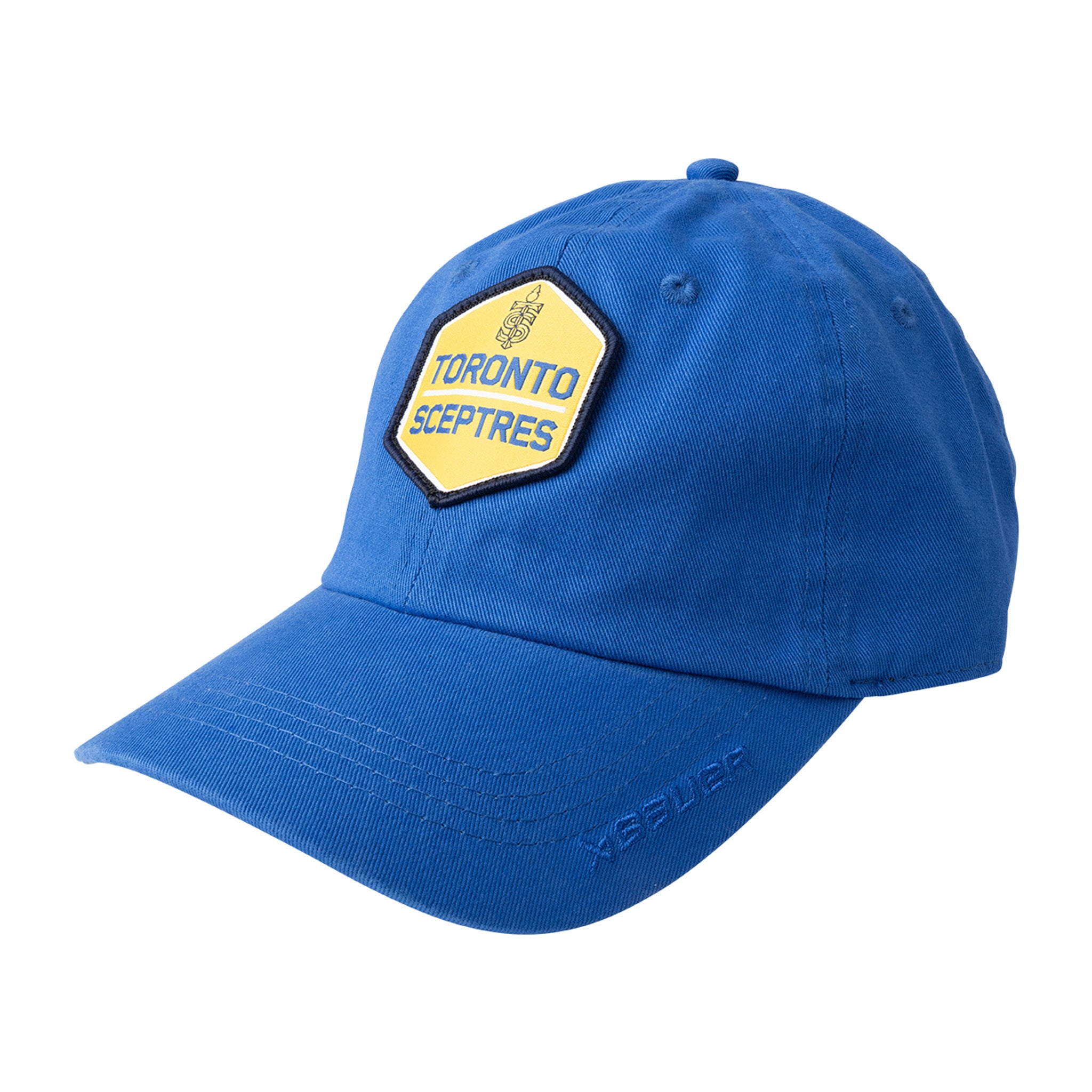 Blue baseball cap with a yellow and black patch on a white background