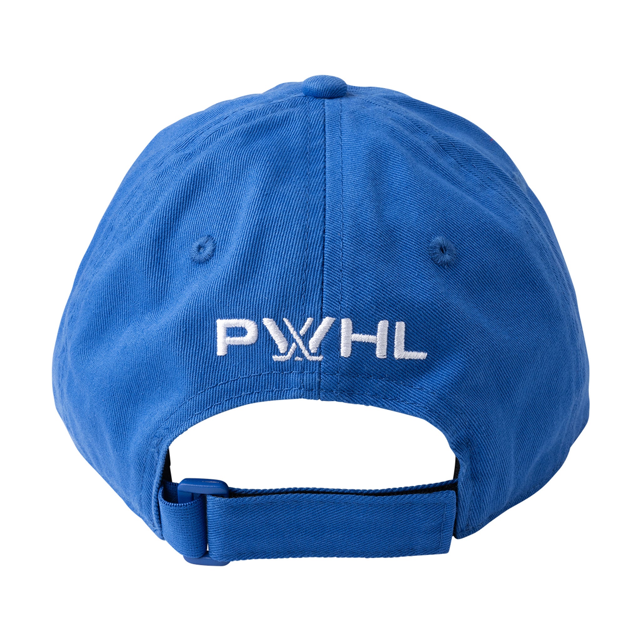 Blue cap with a white logo on a white background
